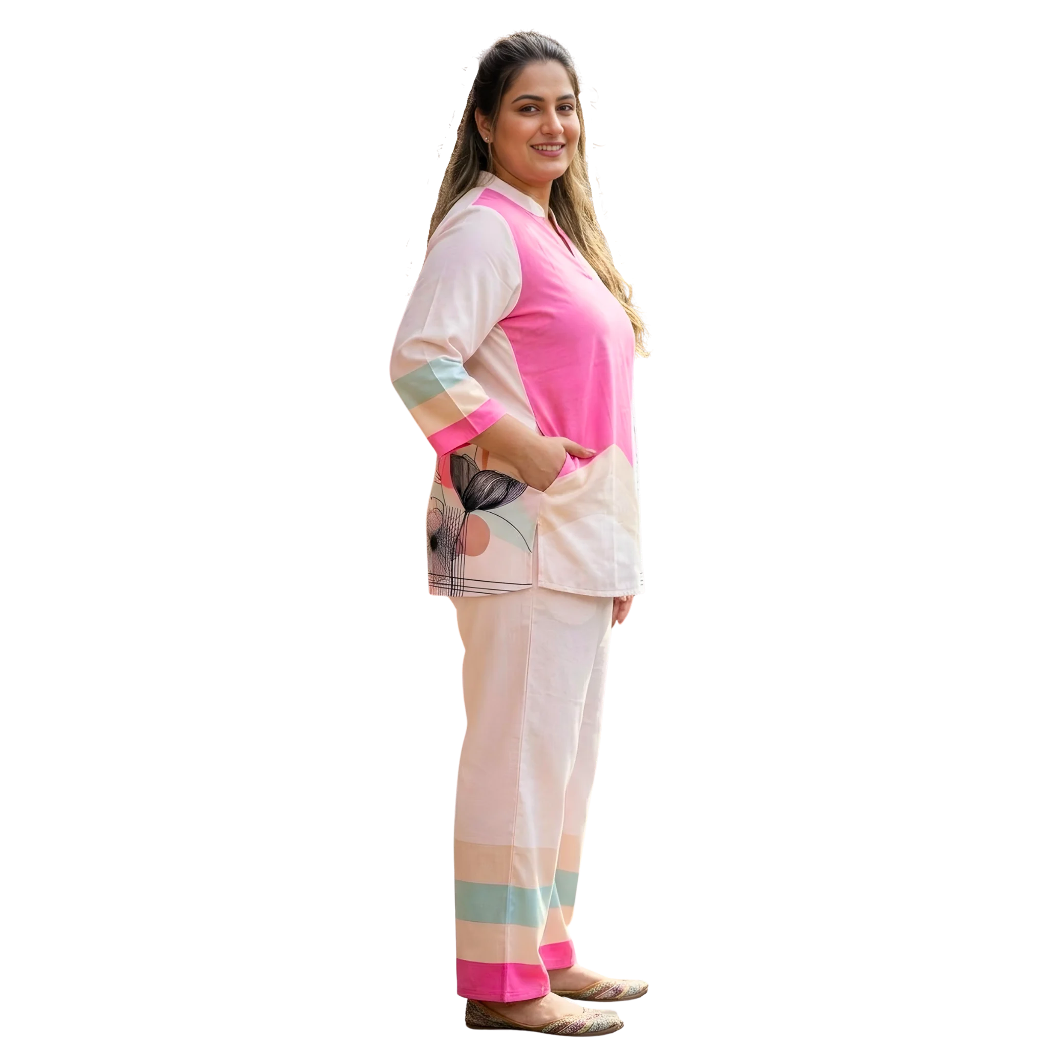 Pink and OffWhite Print Co Ord Set