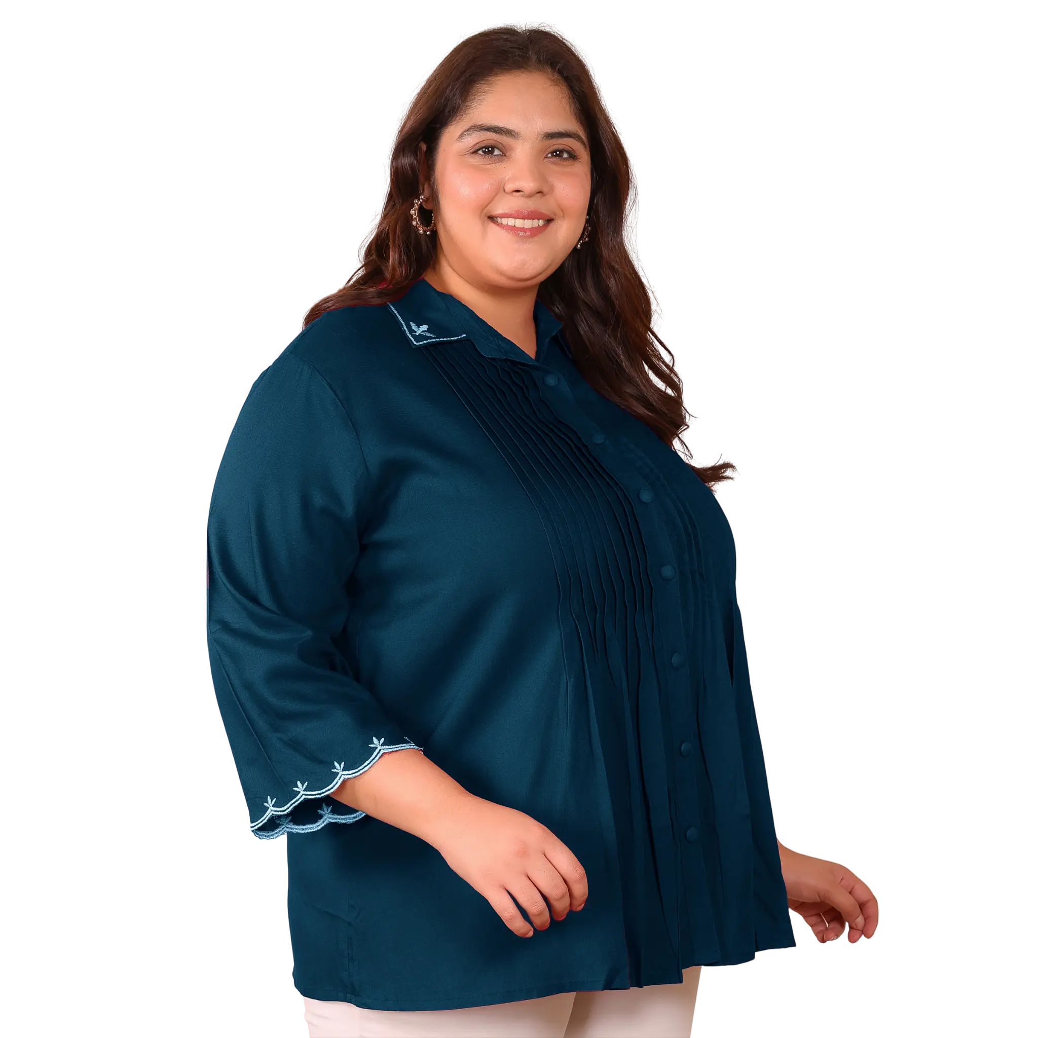 Peacock Blue Rayon Collar Embroidered Tunic