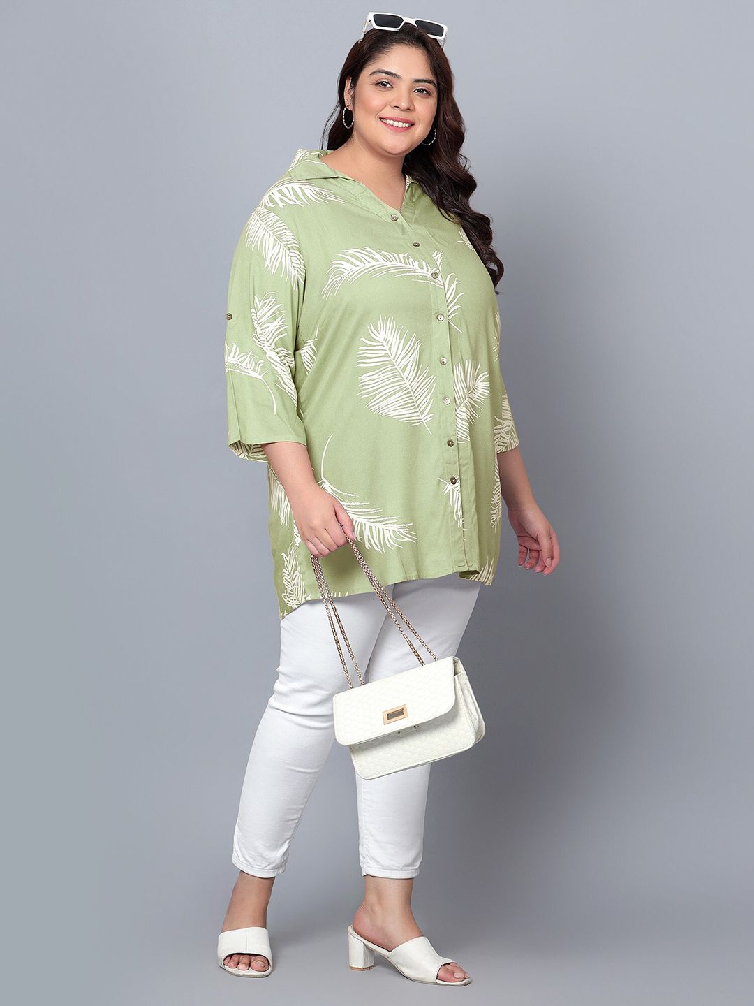Green Leaf Print Plus Size Shirt — view 7