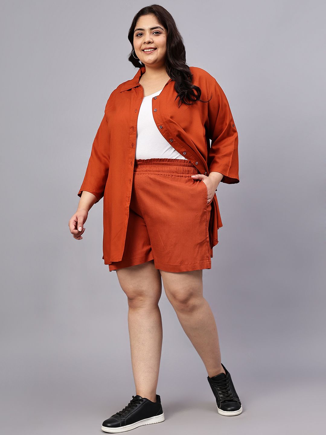 Rust Orange Cotton Plus Size Shorts — view 5