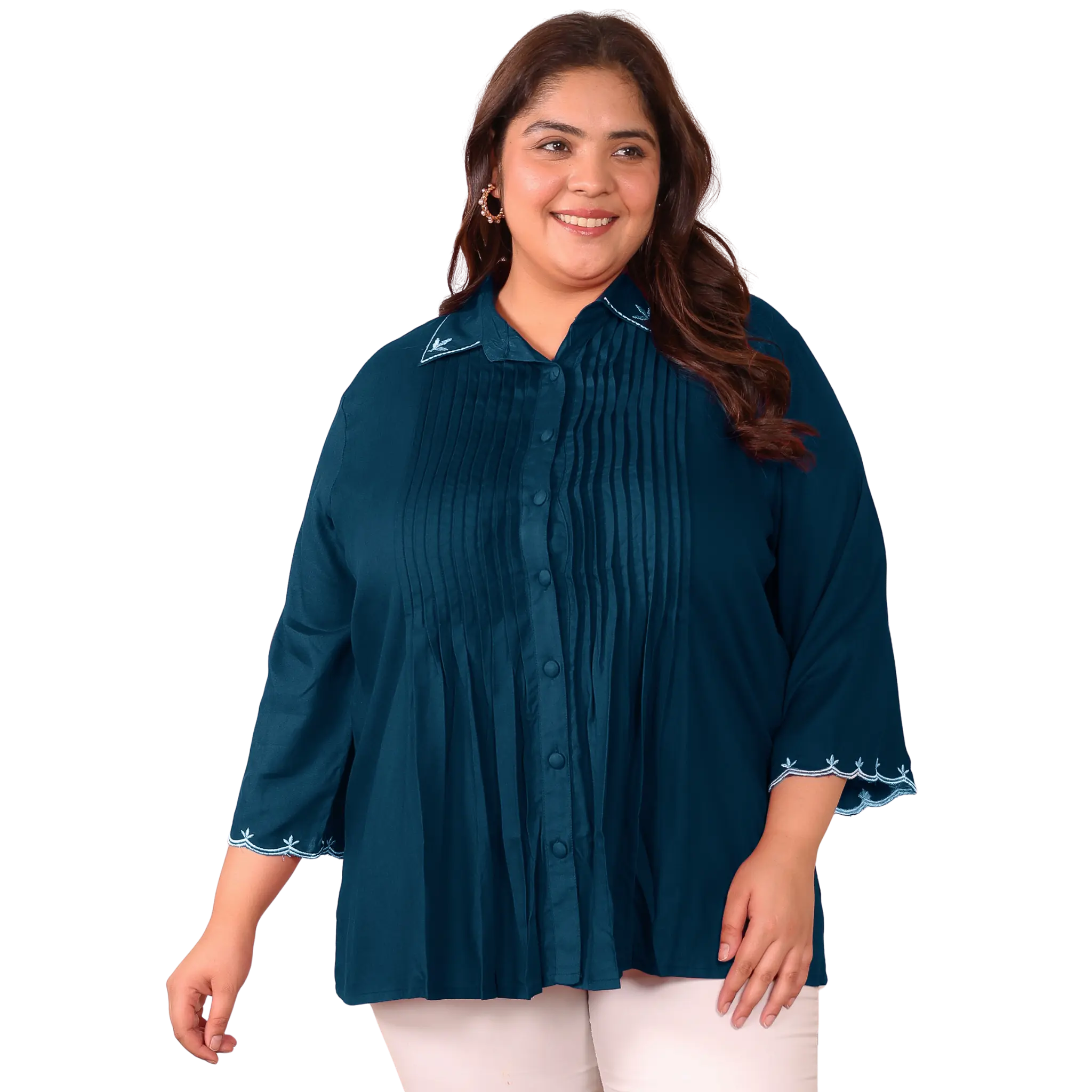 Peacock Blue Rayon Collar Embroidered Tunic