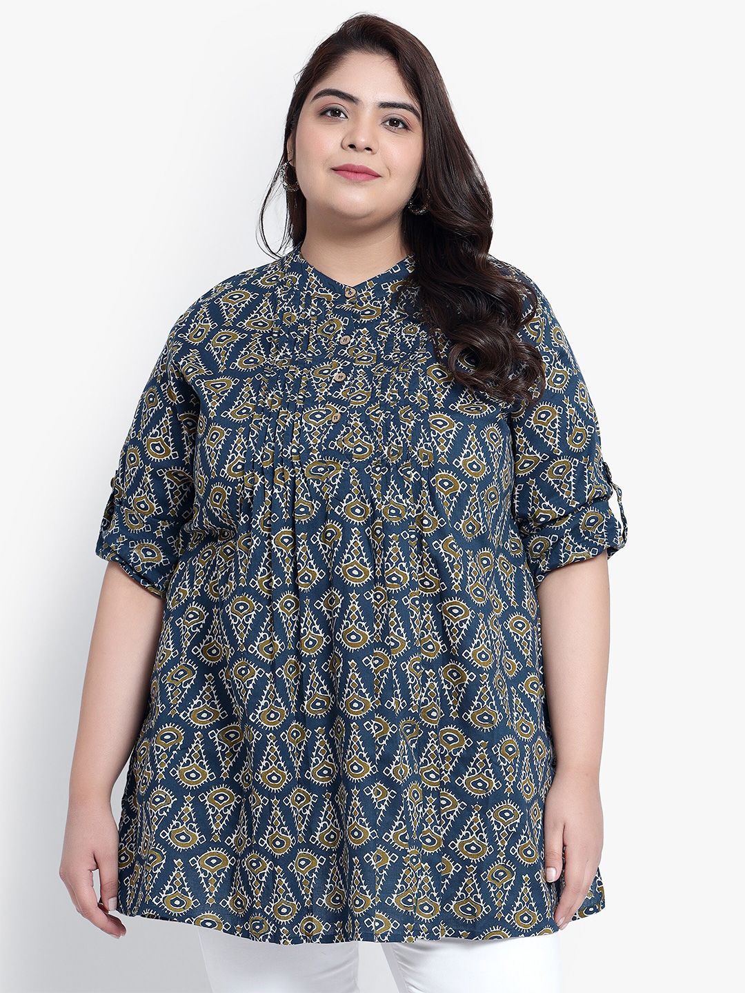 Blue Geometric Print Pleat Plus Size Tunic — view 1