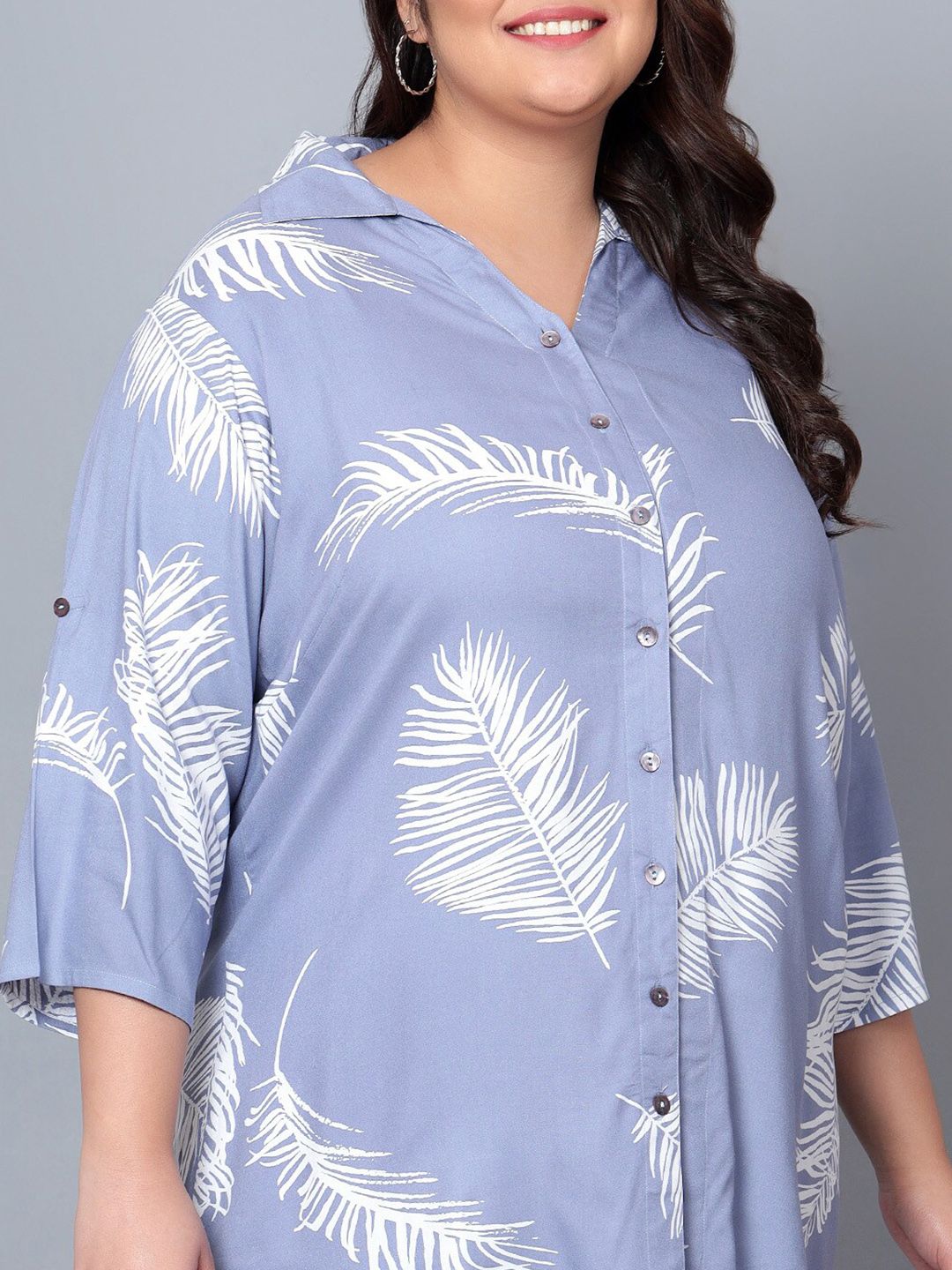 Blue Leaf Print Plus Size Shirt — view 2