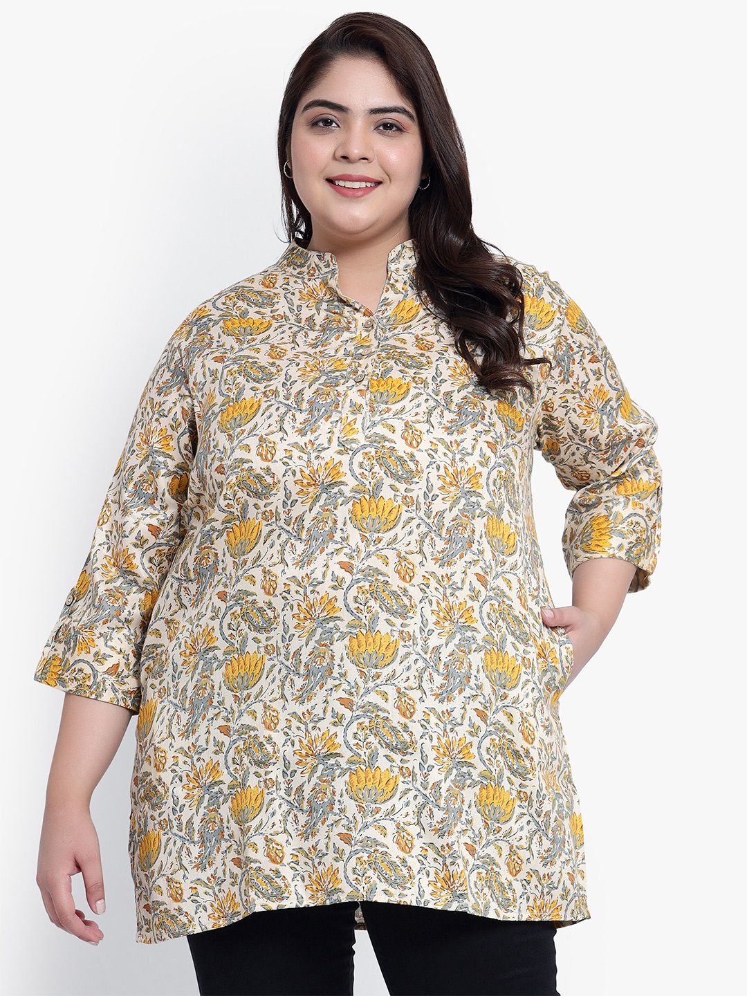 Yellow and Beige Floral Print Plus Size Tunic — view 1