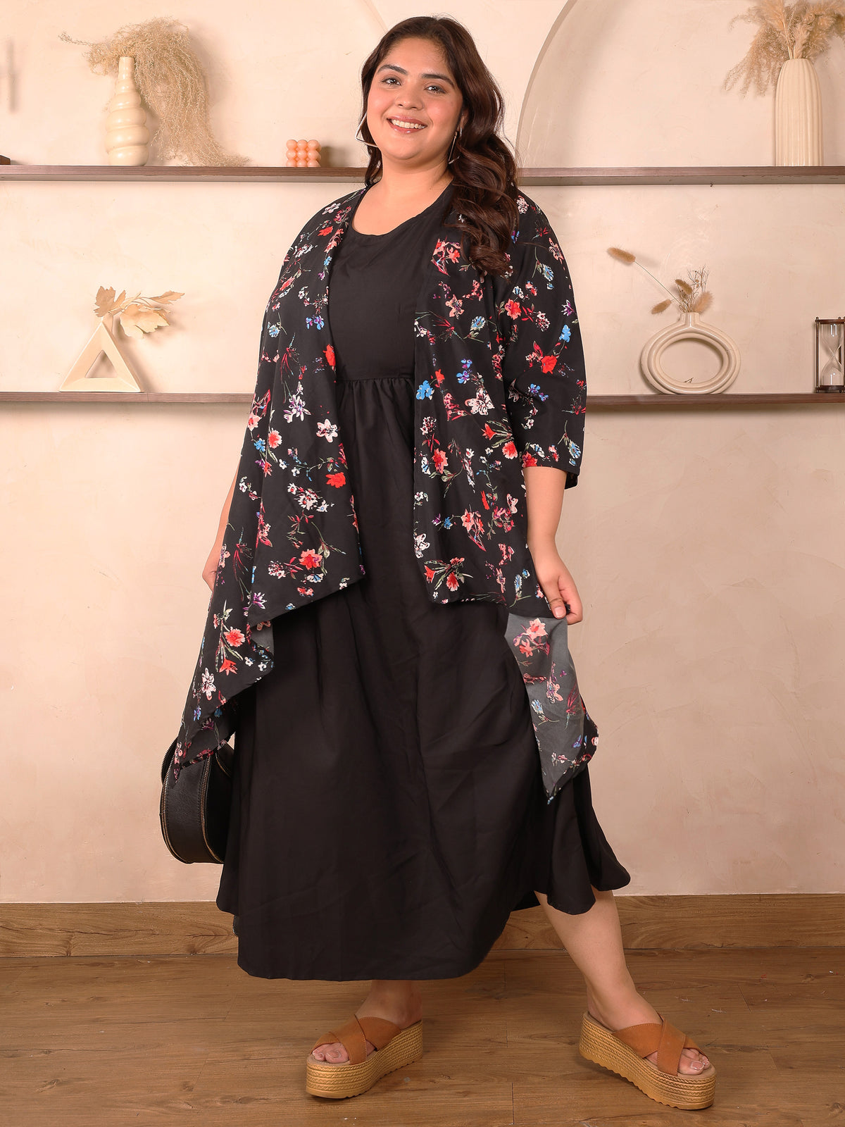 Black Floral Layered Maxi Plus Size Dress