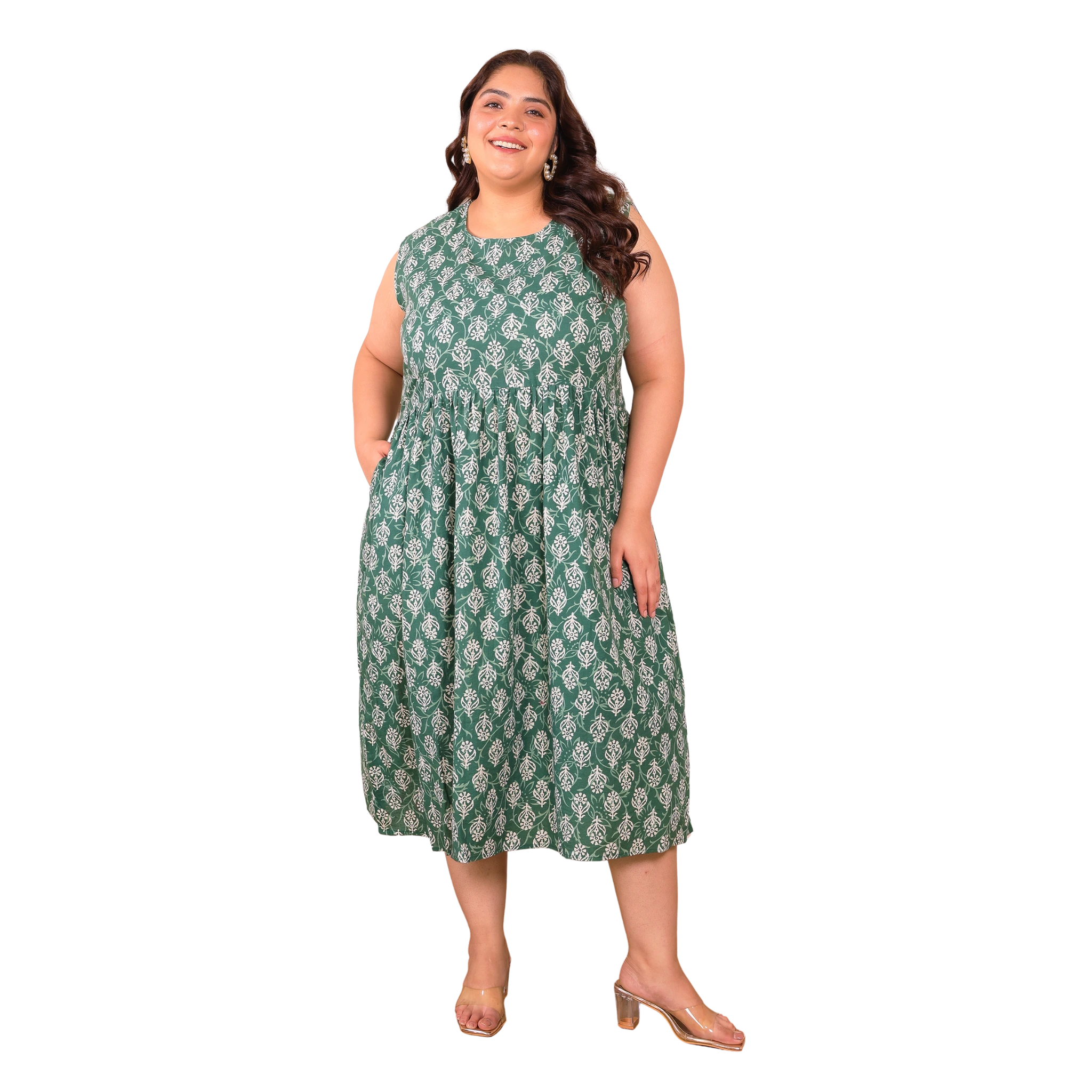 Green Geometric Print Cotton Plus Size Dress