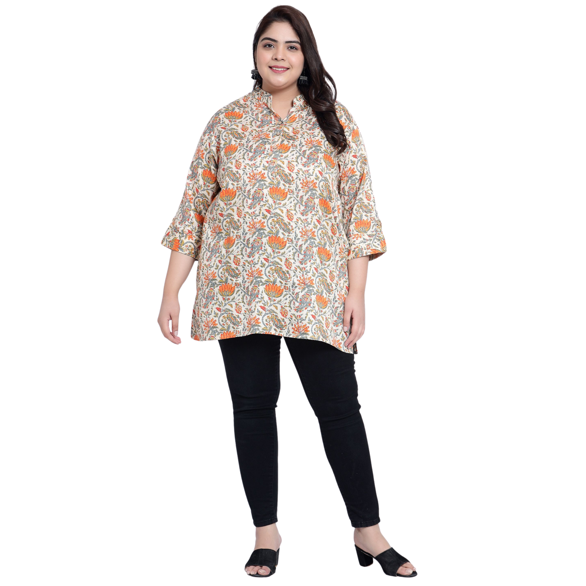 Orange and Beige Floral Print Plus Size Tunic