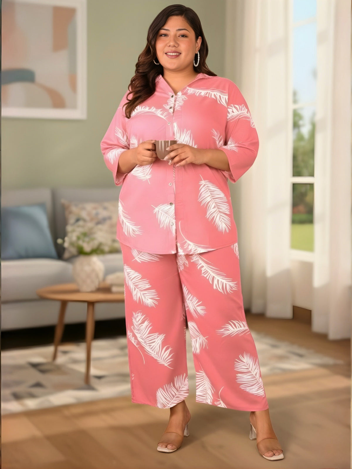 Pink Leaf Print Plus Size Co-Ord Set