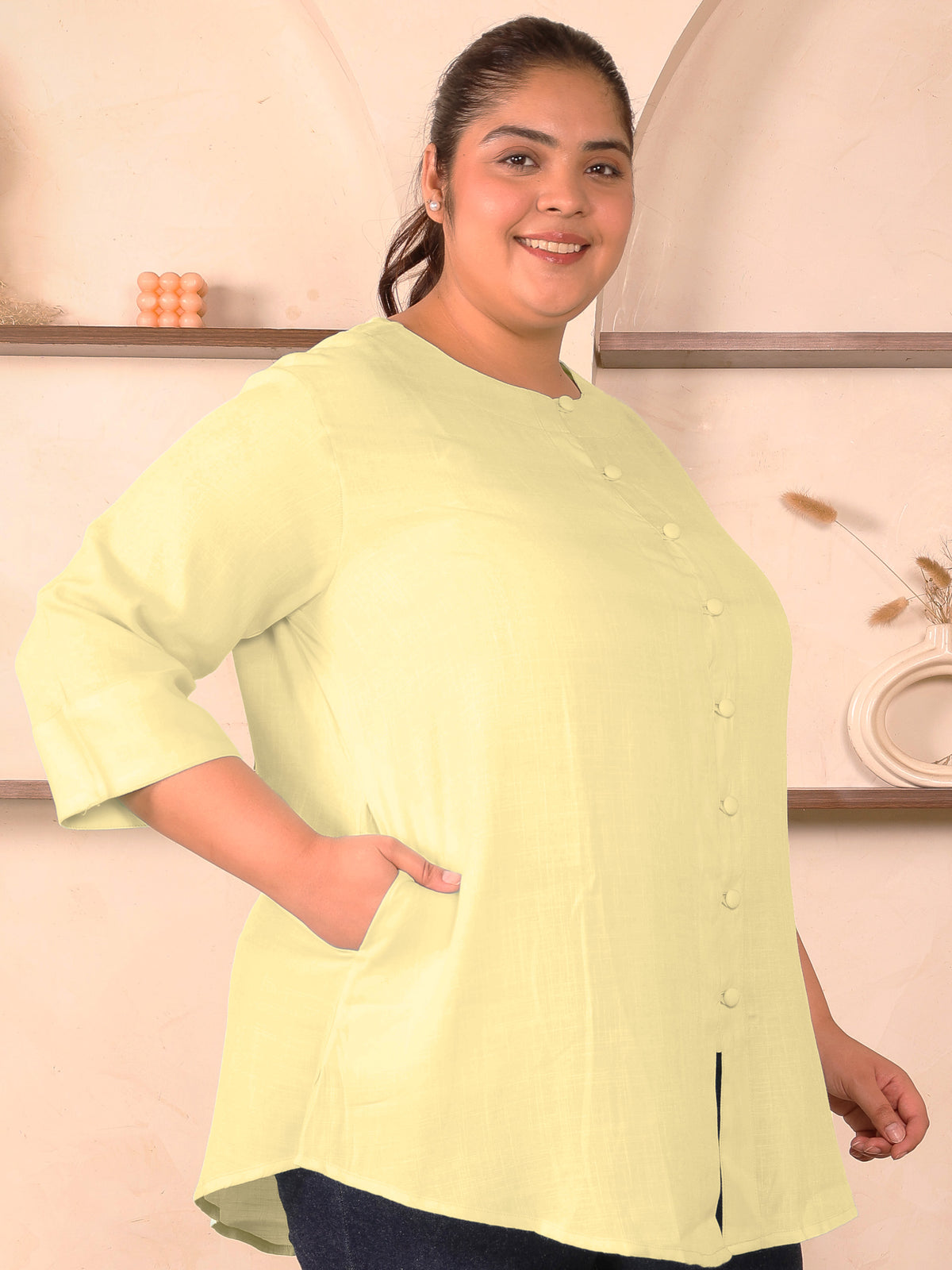 Yellow Cotton Linen Plus Size Tunic