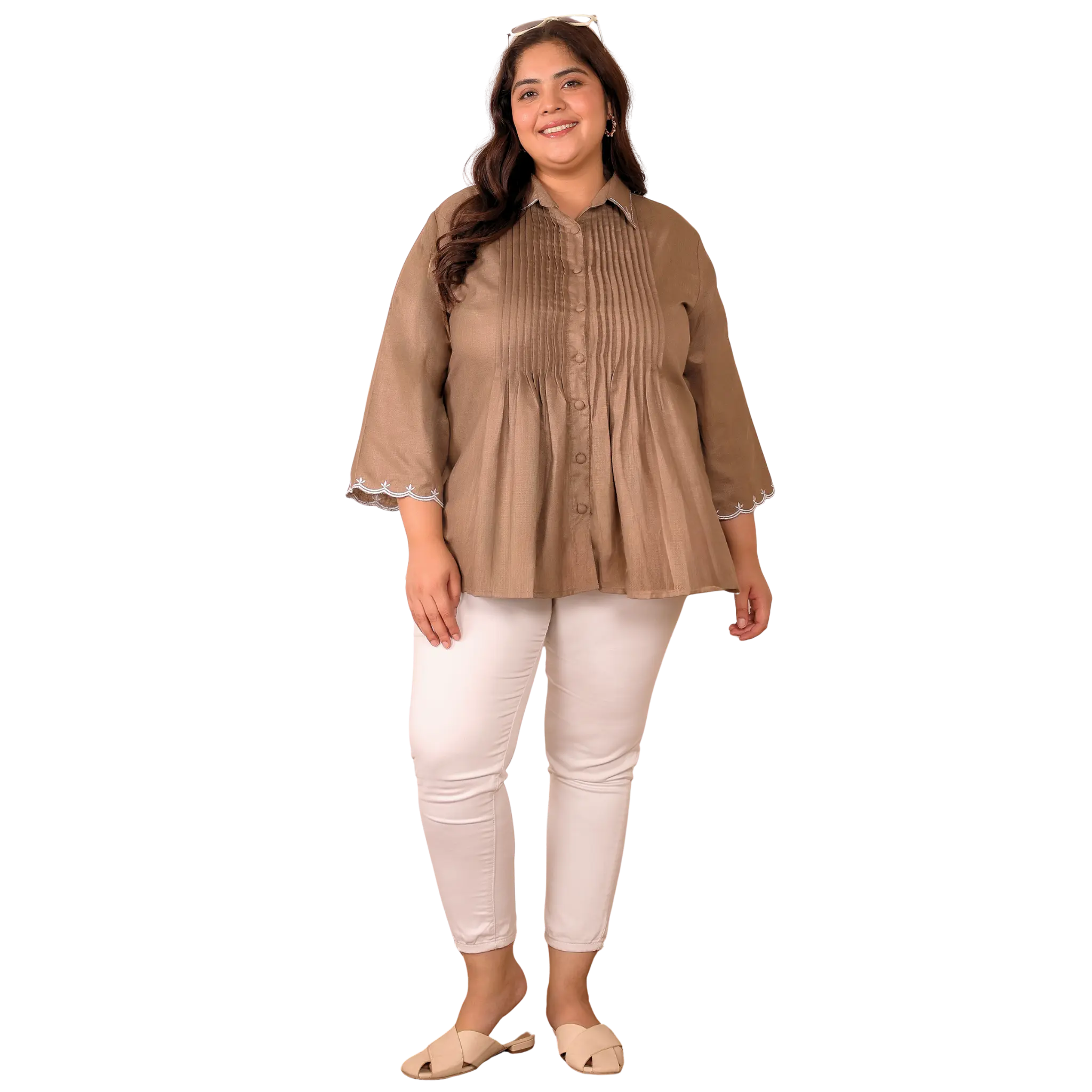 Brown Cotton Collar Embroidered Tunic