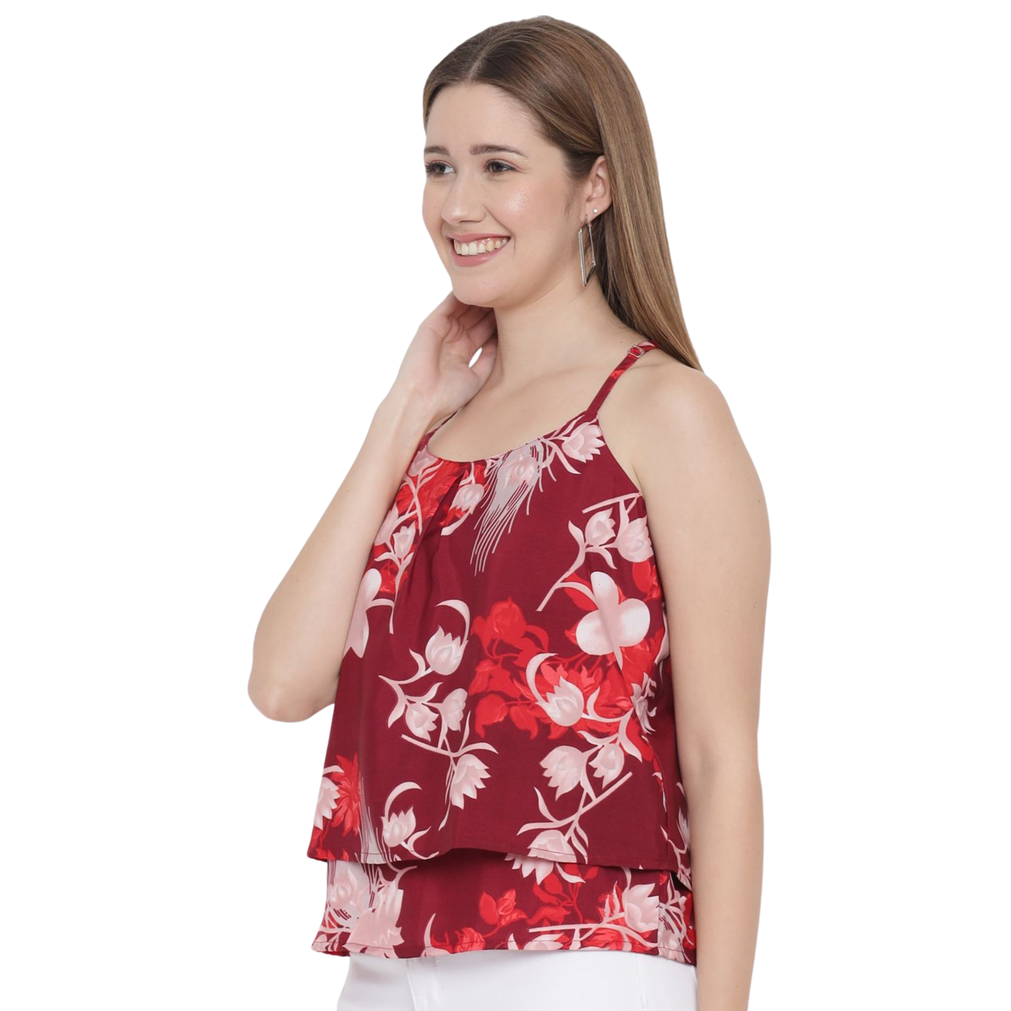 Red Floral Strap Top