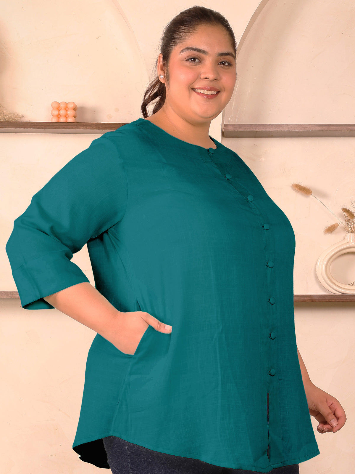 Turquoise Cotton Linen Plus Size Tunic
