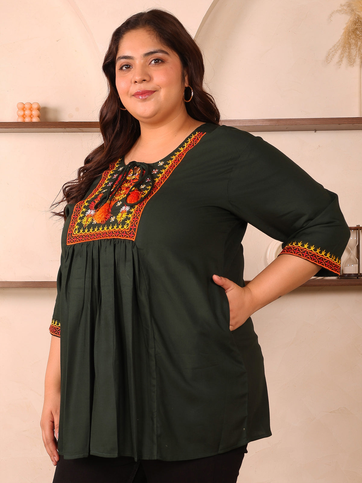 Dark Green Embroidered Plus Size Tunic