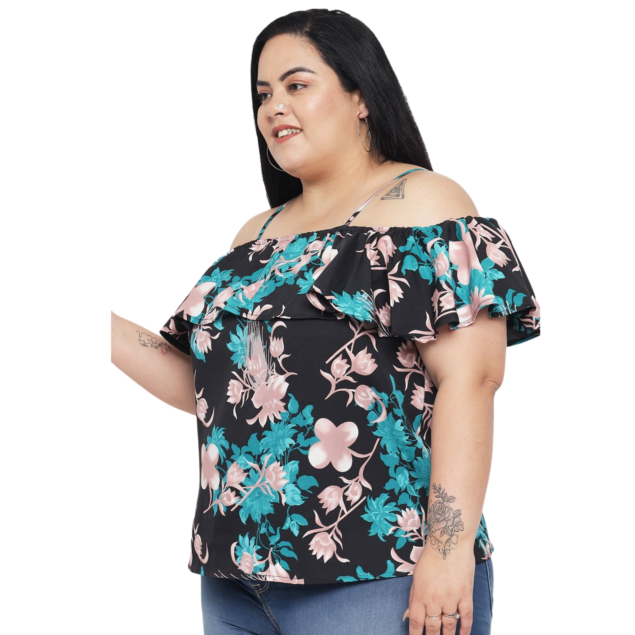 Green Floral Print Plus Size Top