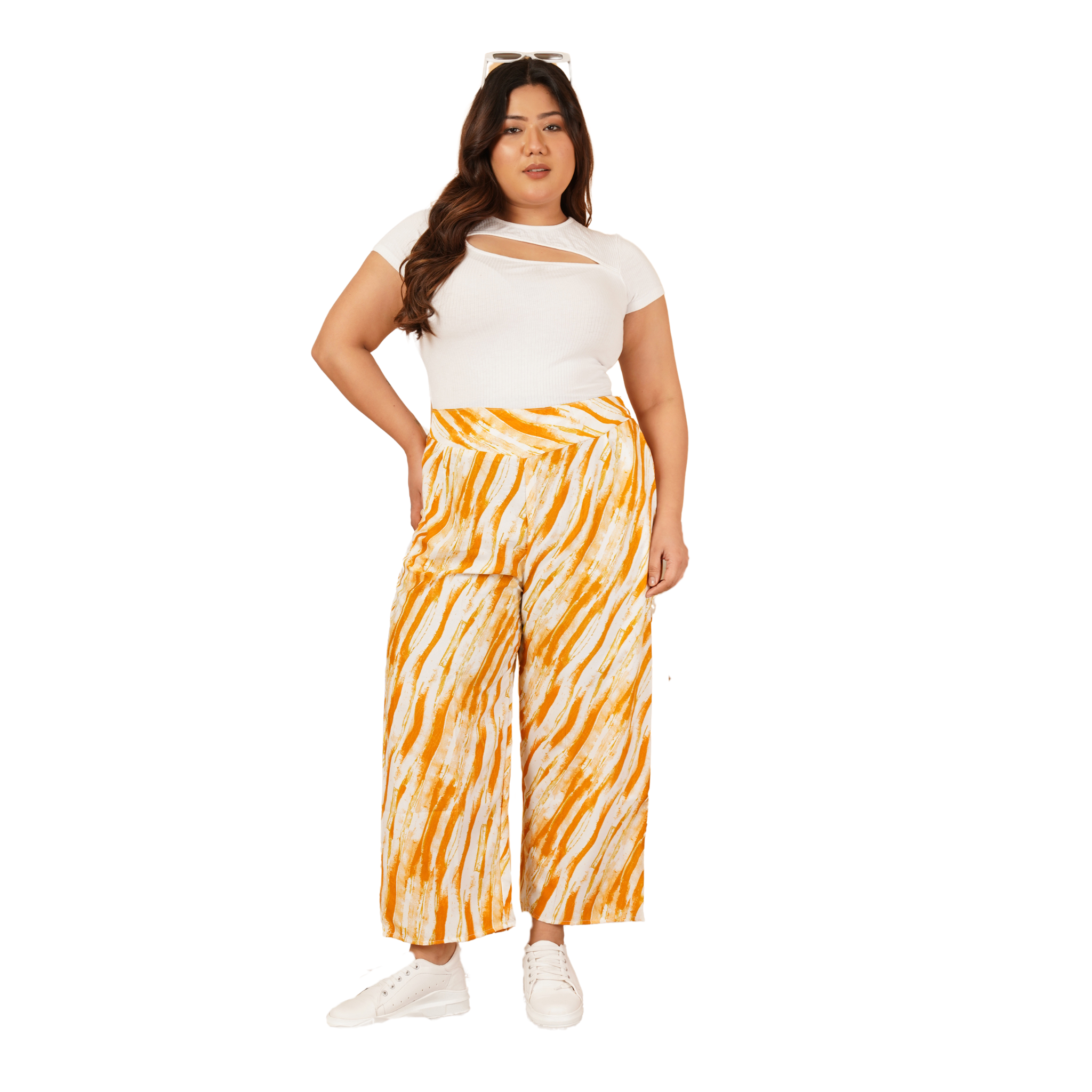 Yellow Leheriya Print Plus Size Trousers