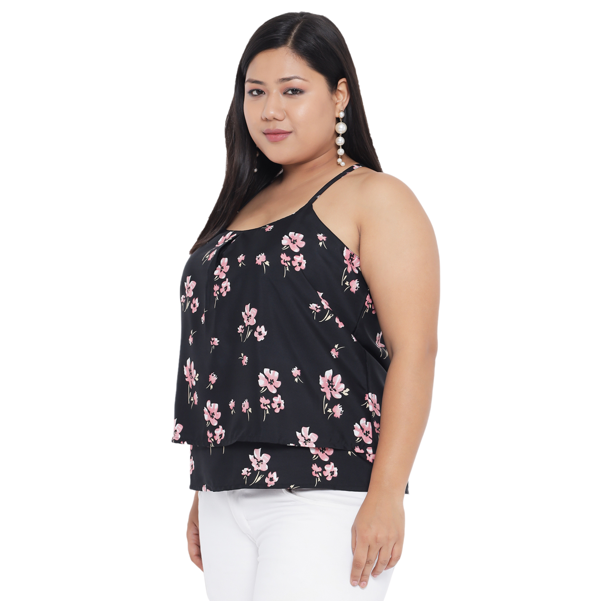 Black Floral Strap Plus Size Top