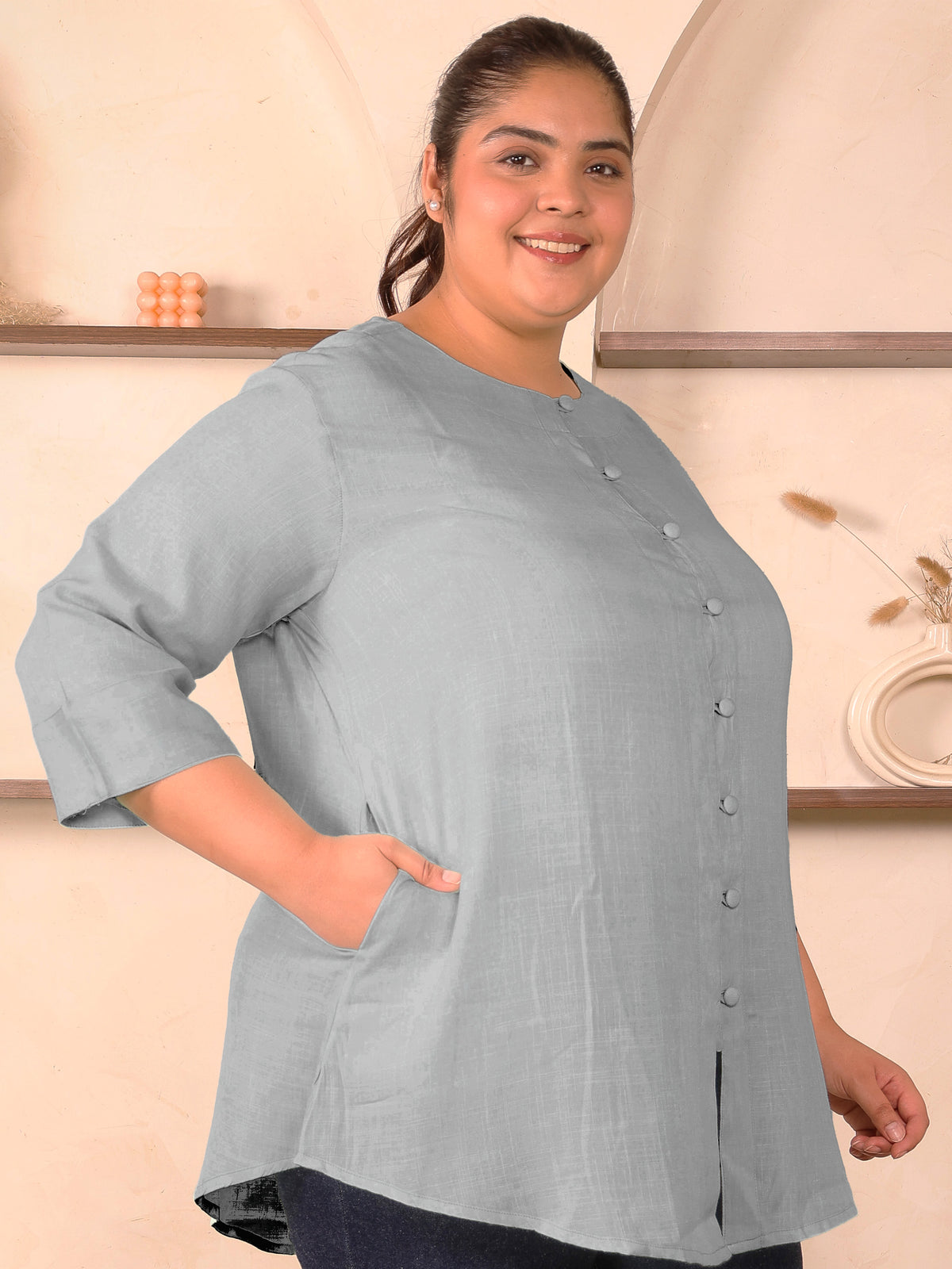Grey Cotton Linen Plus Size Tunic