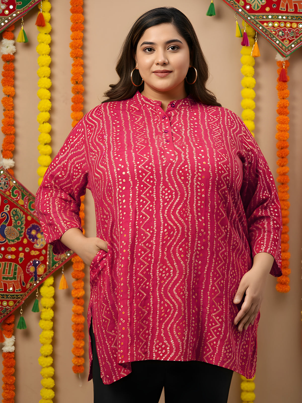 Pink Bandhani Print Plus Size Tunic