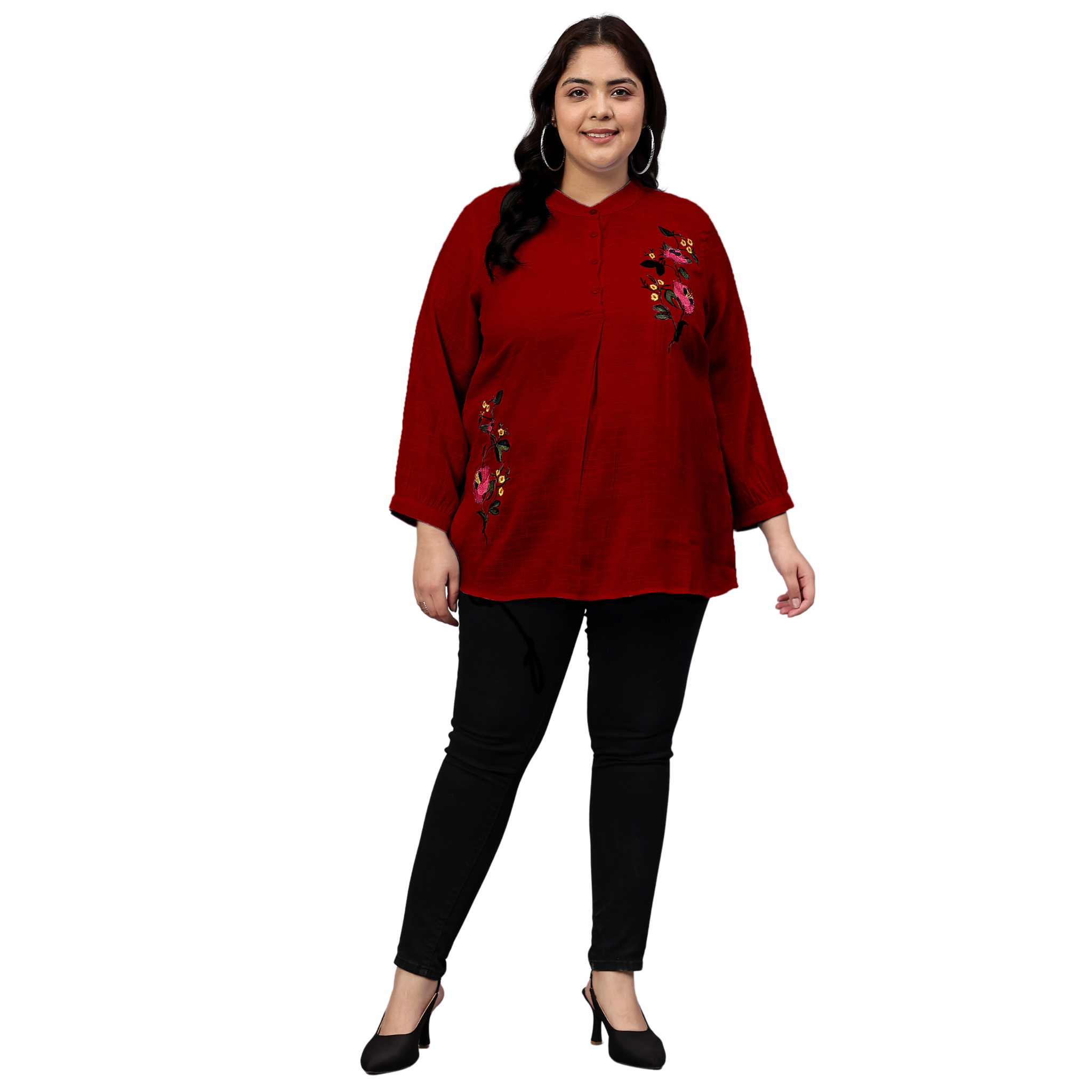 Maroon Floral Embroidered Plus Size Tunic