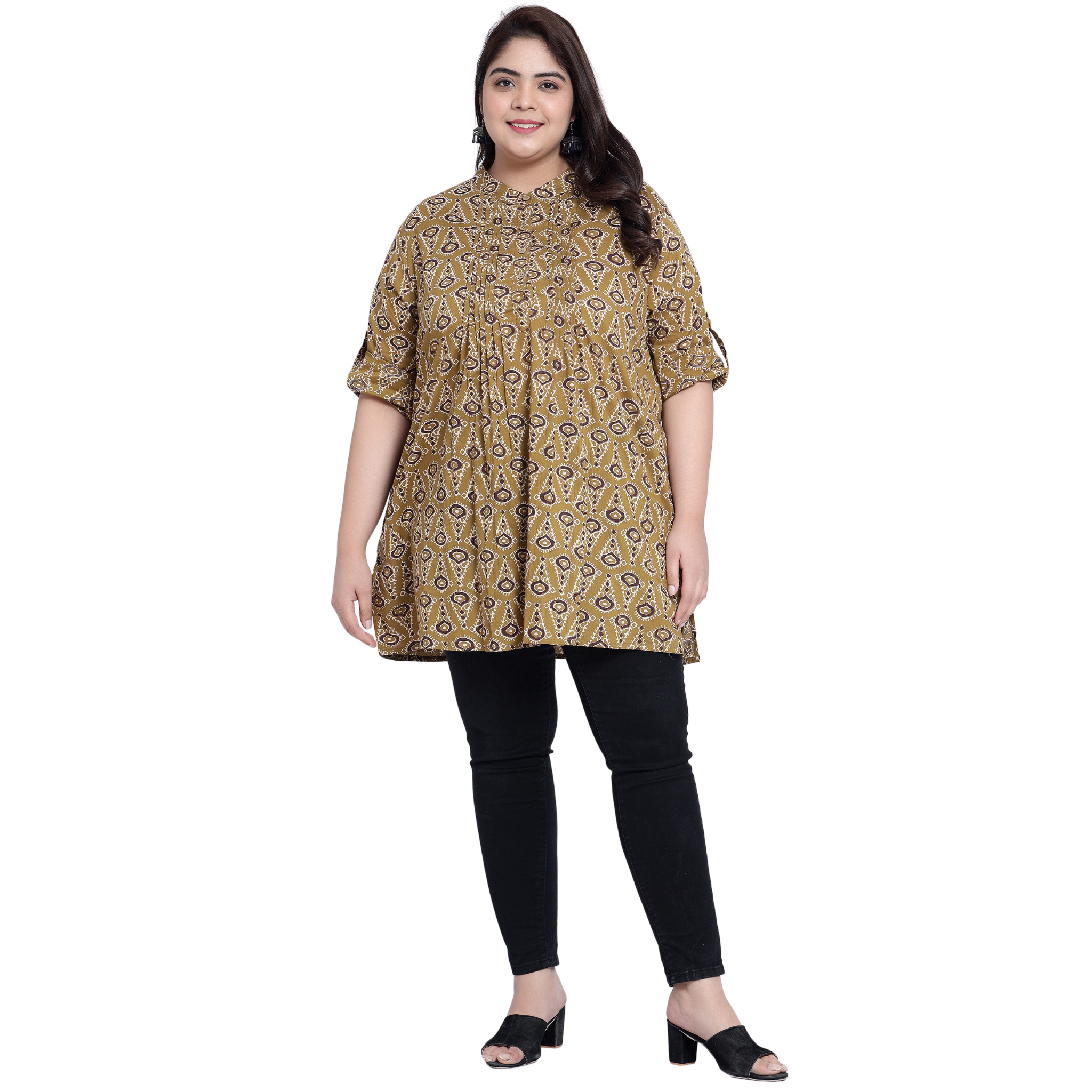 Mustard Geometric Print Pleat Plus Size Tunic