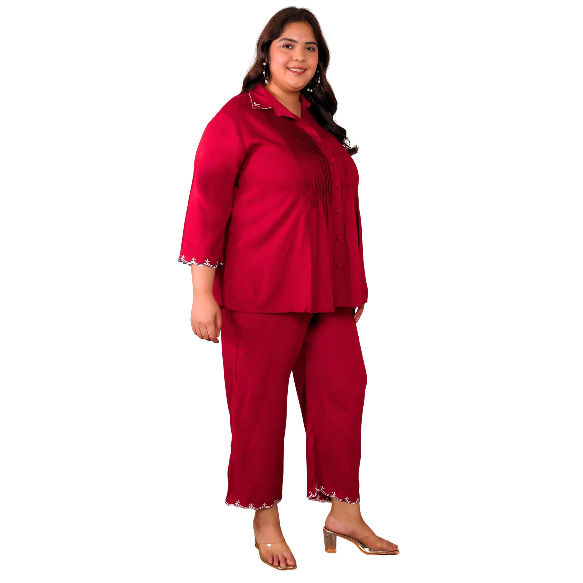 Red Rayon Collar Embroidered Co Ord Set