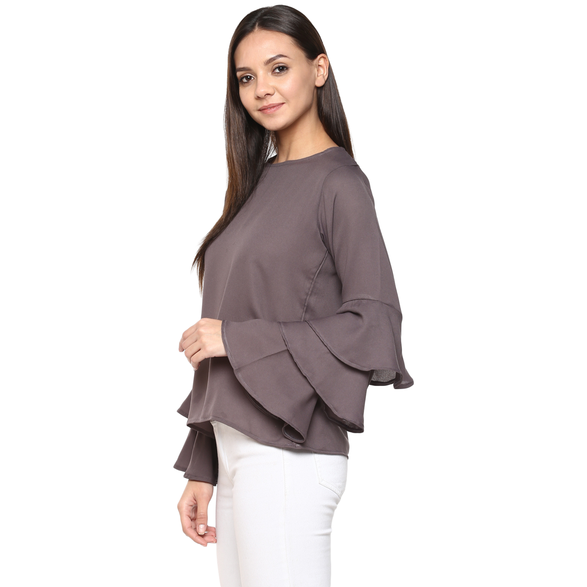 Grey Solid Georgette Bell Sleeves Tops