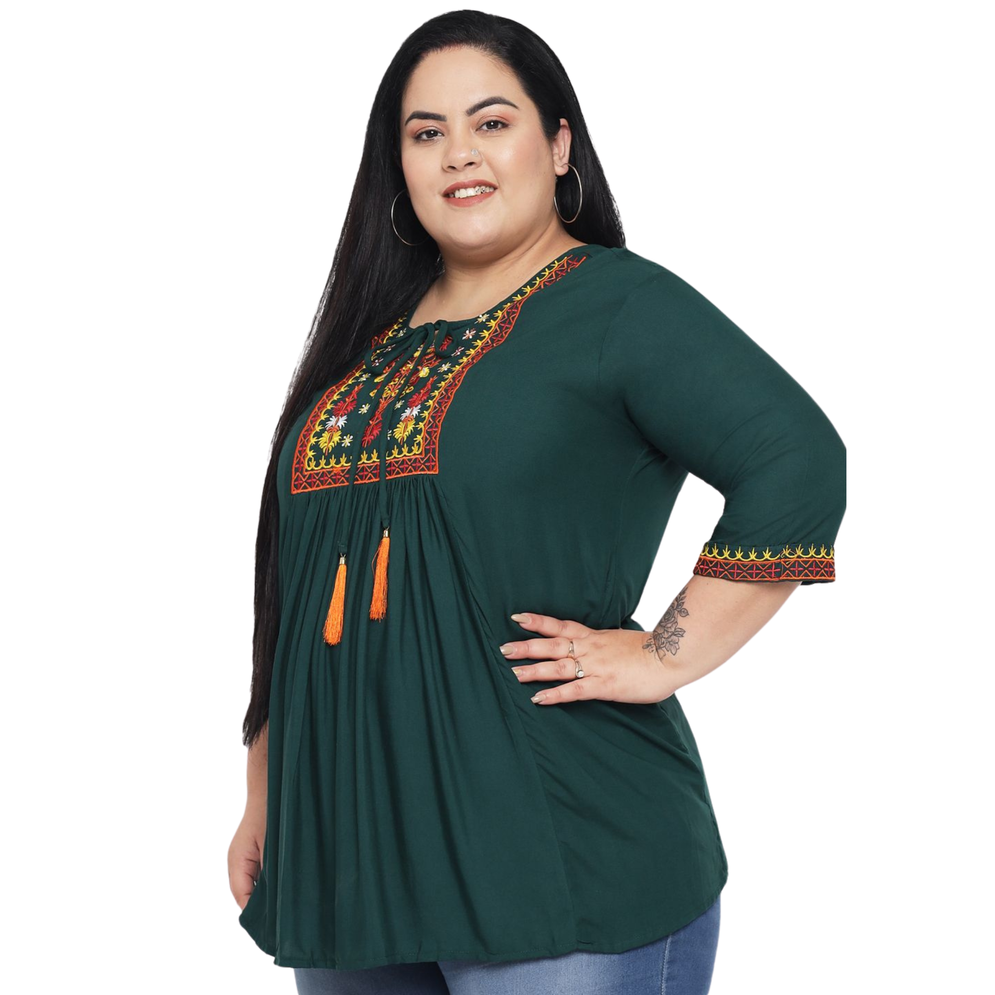 Dark Green Embroidered Plus Size Tunic