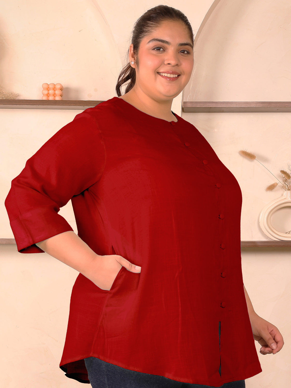 Maroon Cotton Linen Plus Size Tunic
