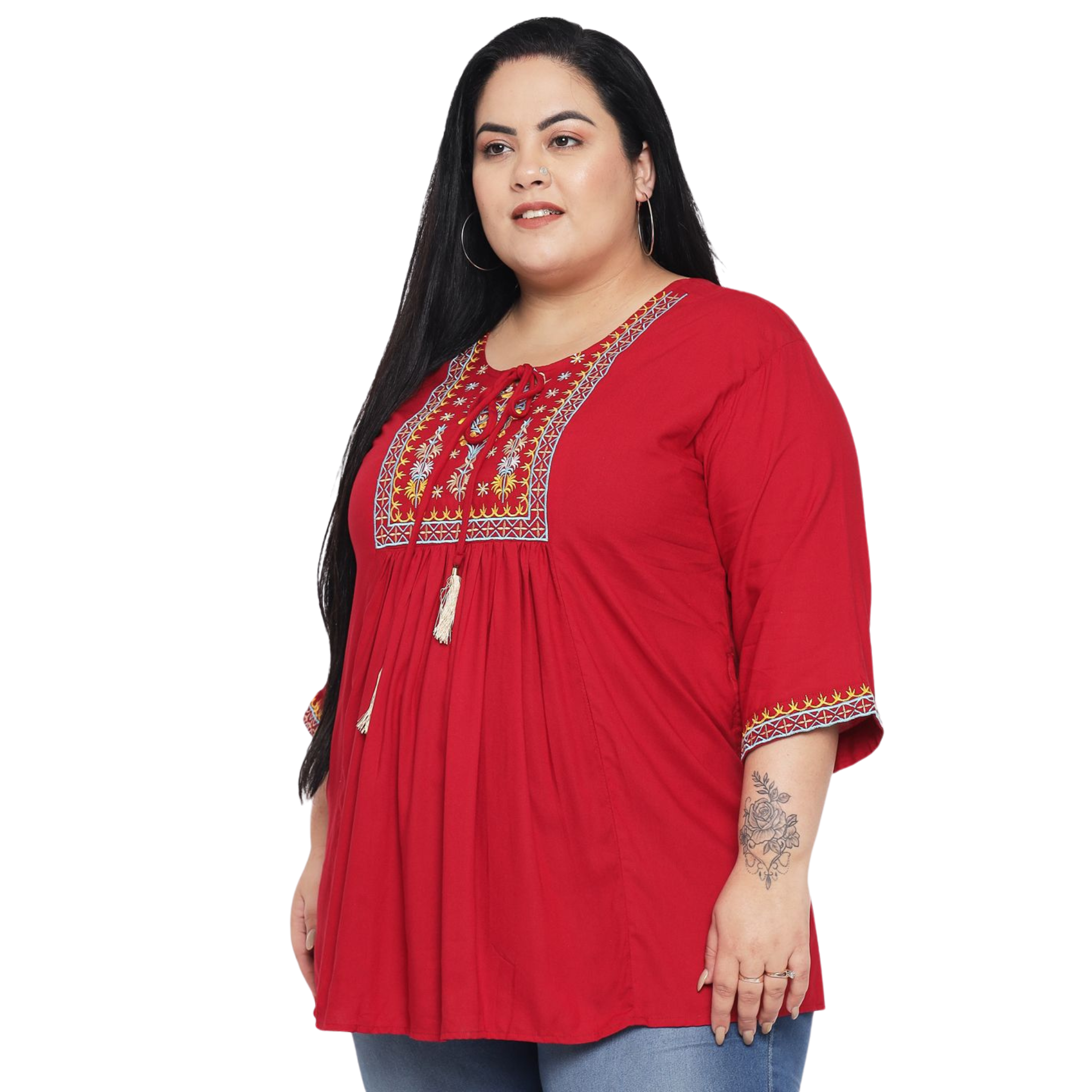 Red Embroidered Plus Size Tunic