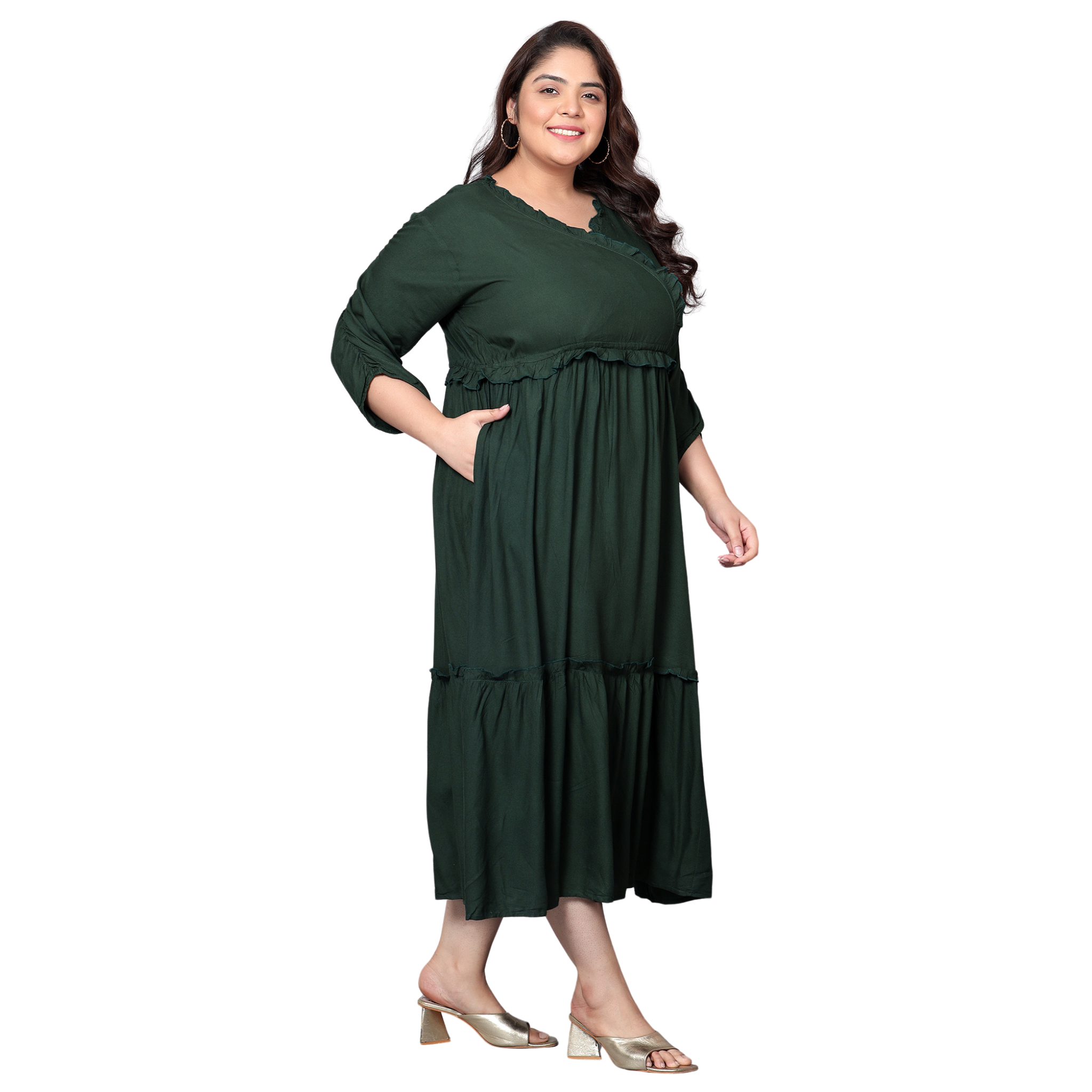 Dark Green Solid Tier Plus Size Dress