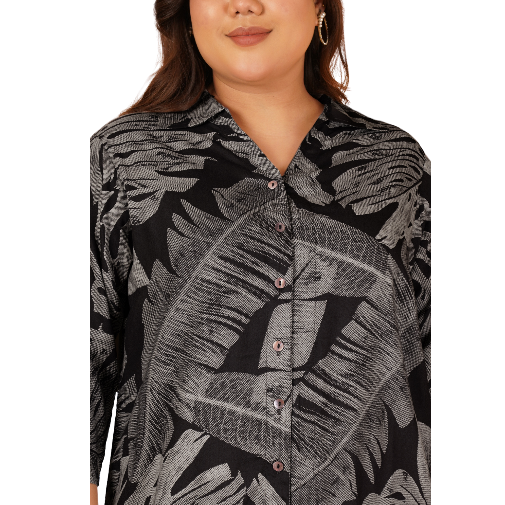 Black Leaf Print Plus Size Shirt