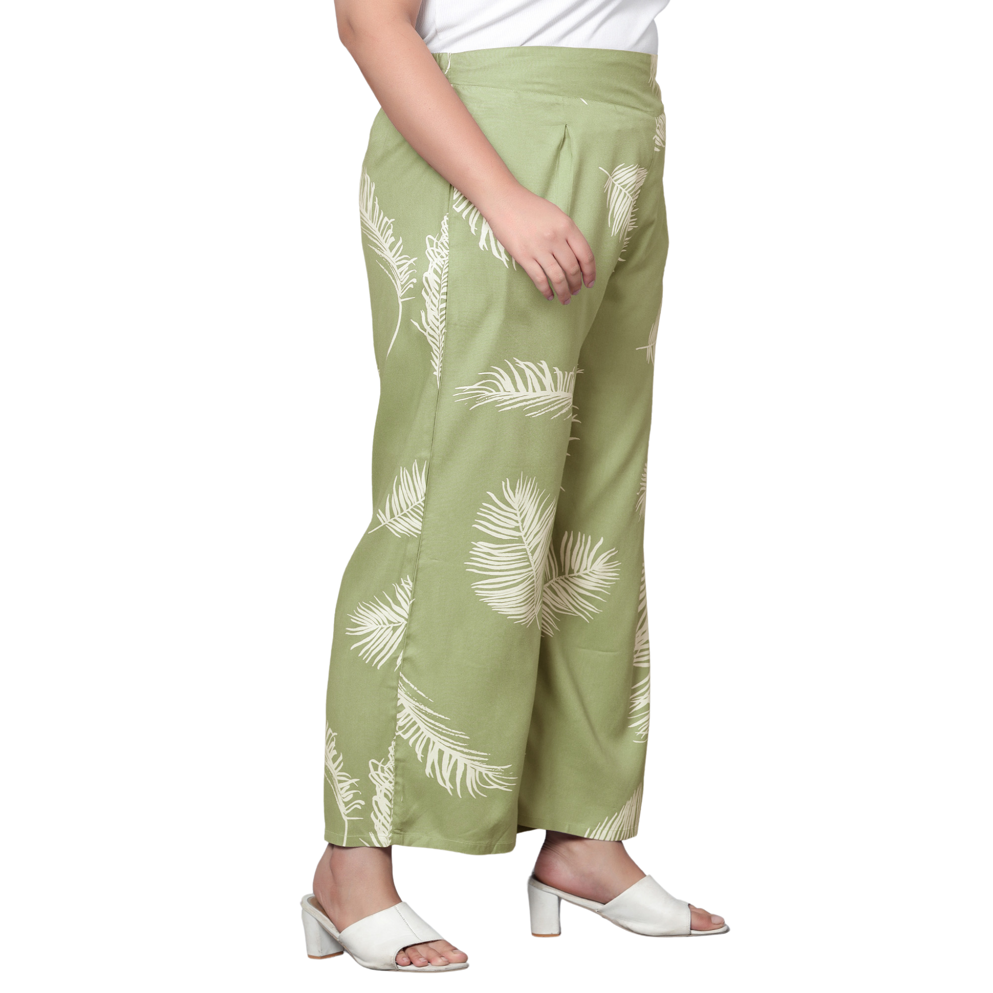 Green Leaf Print Plus Size Trousers