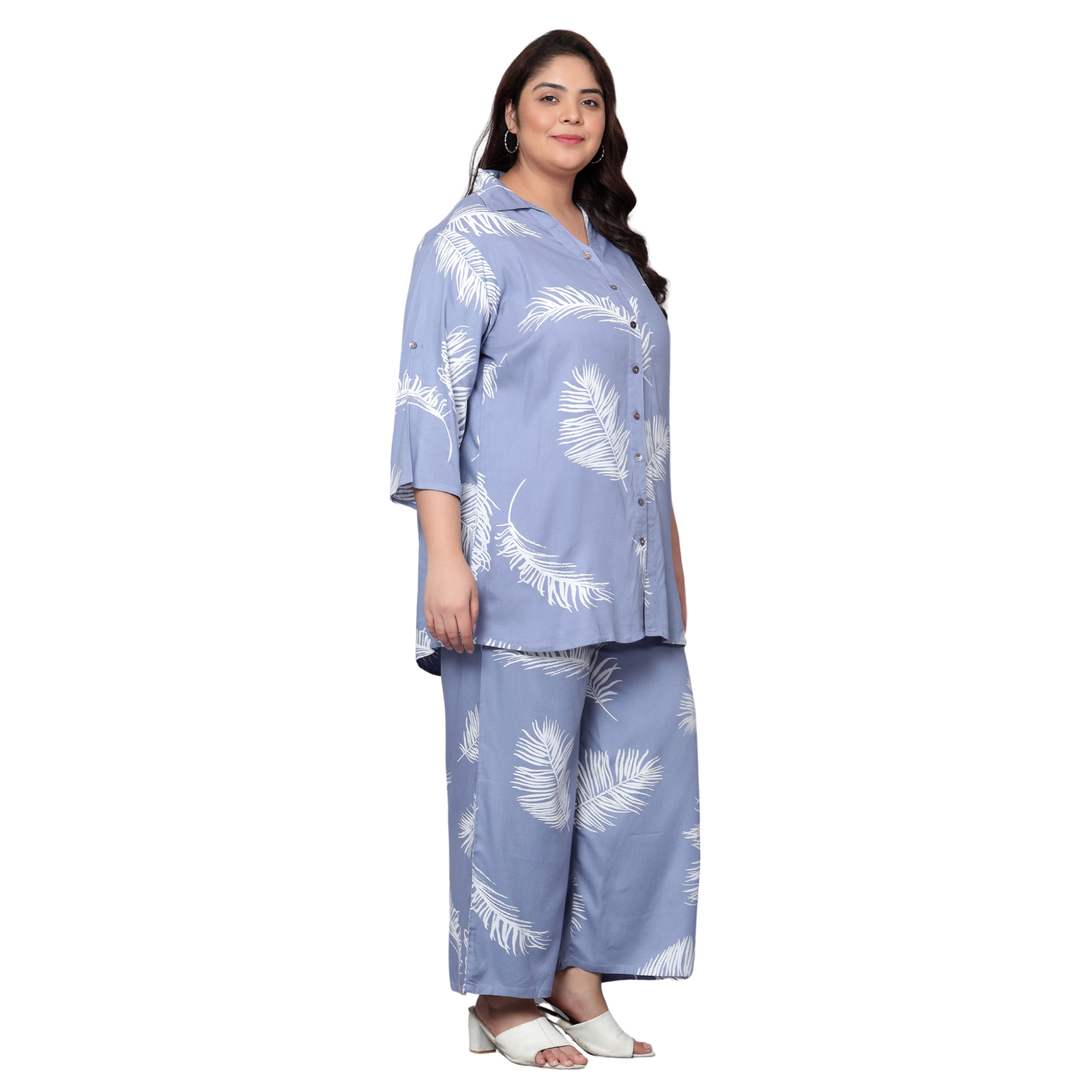 Blue Leaf Print Plus Size Co-Ord Set