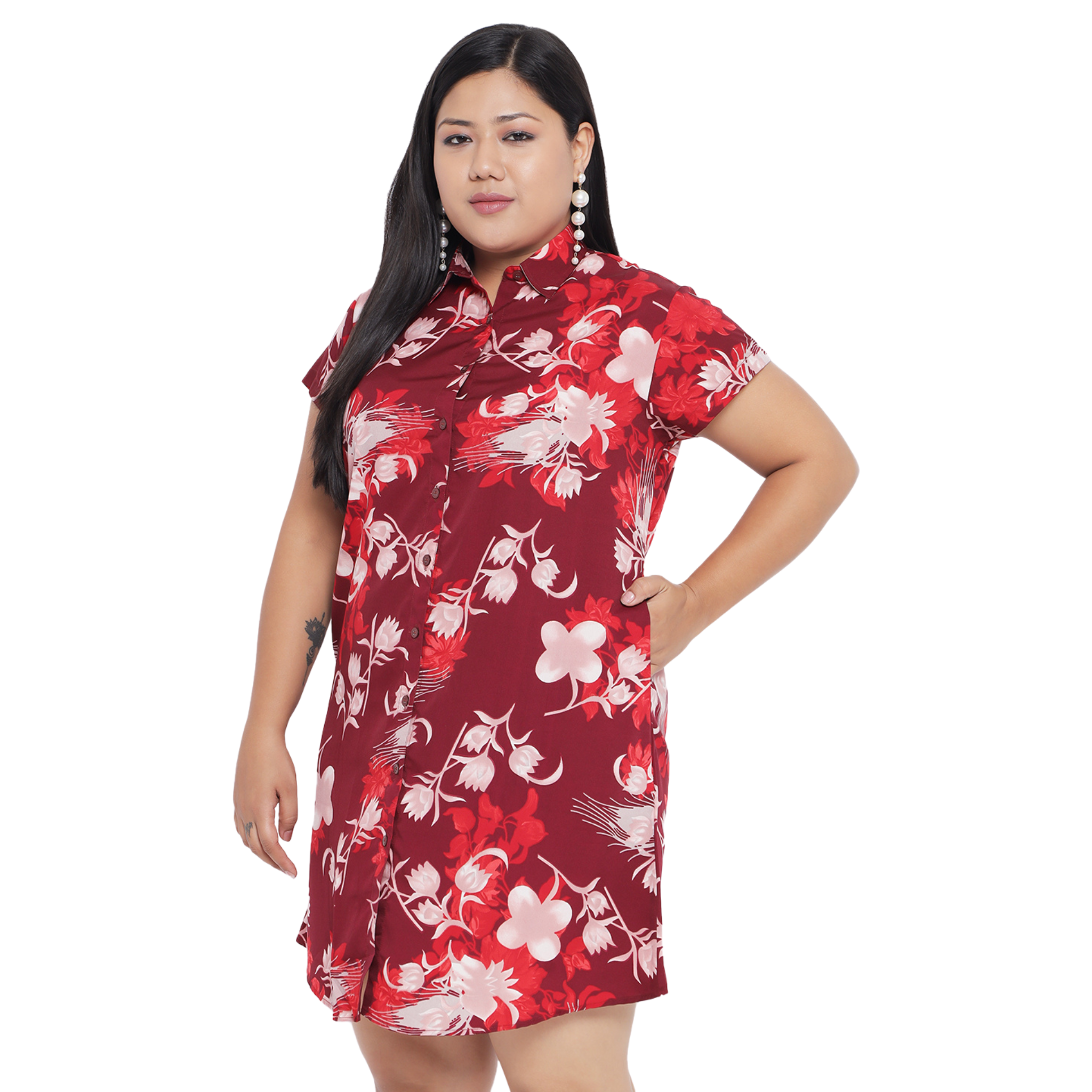 Maroon Floral Plus Size Shirt Dress