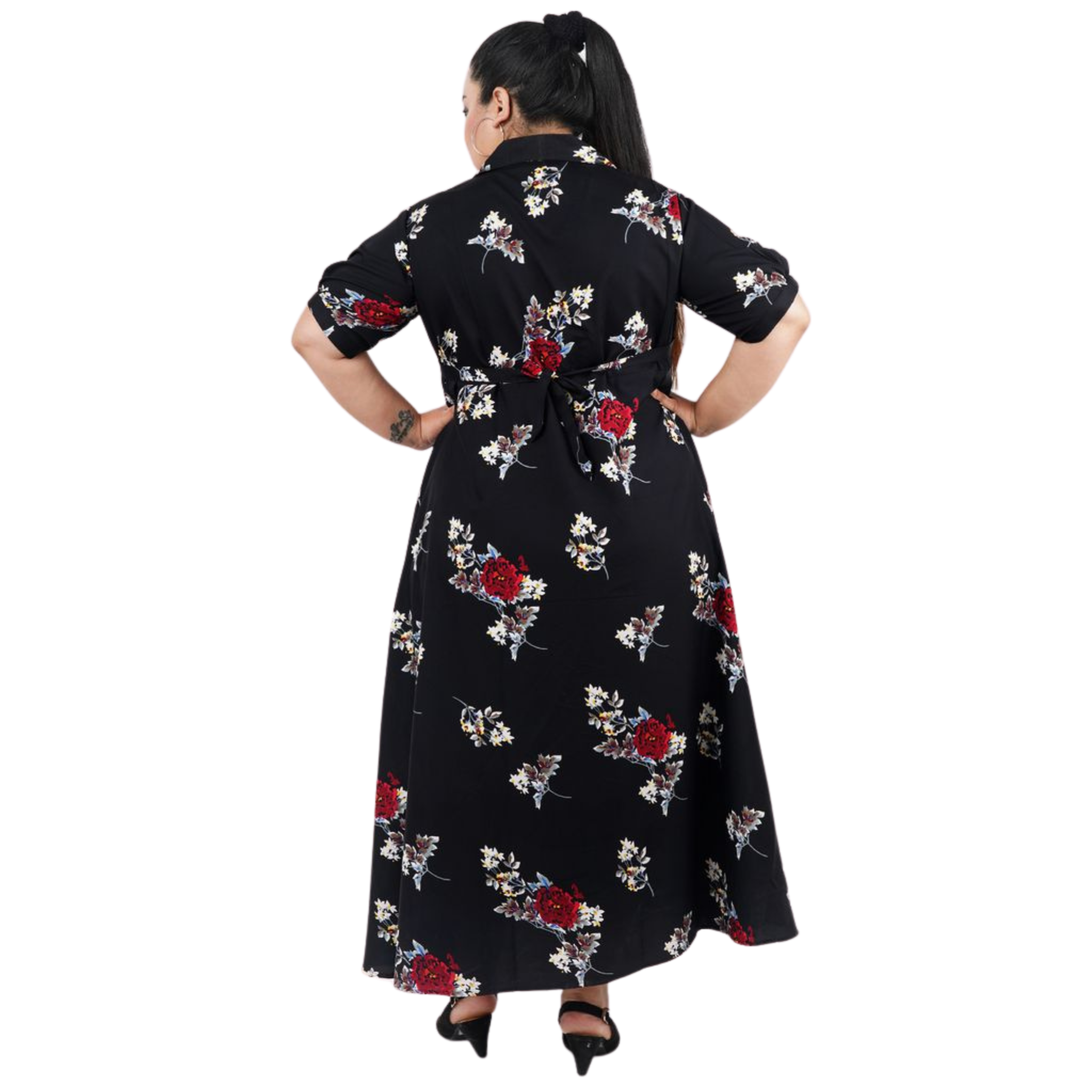 Black and Red Floral Print Plus Size Dress