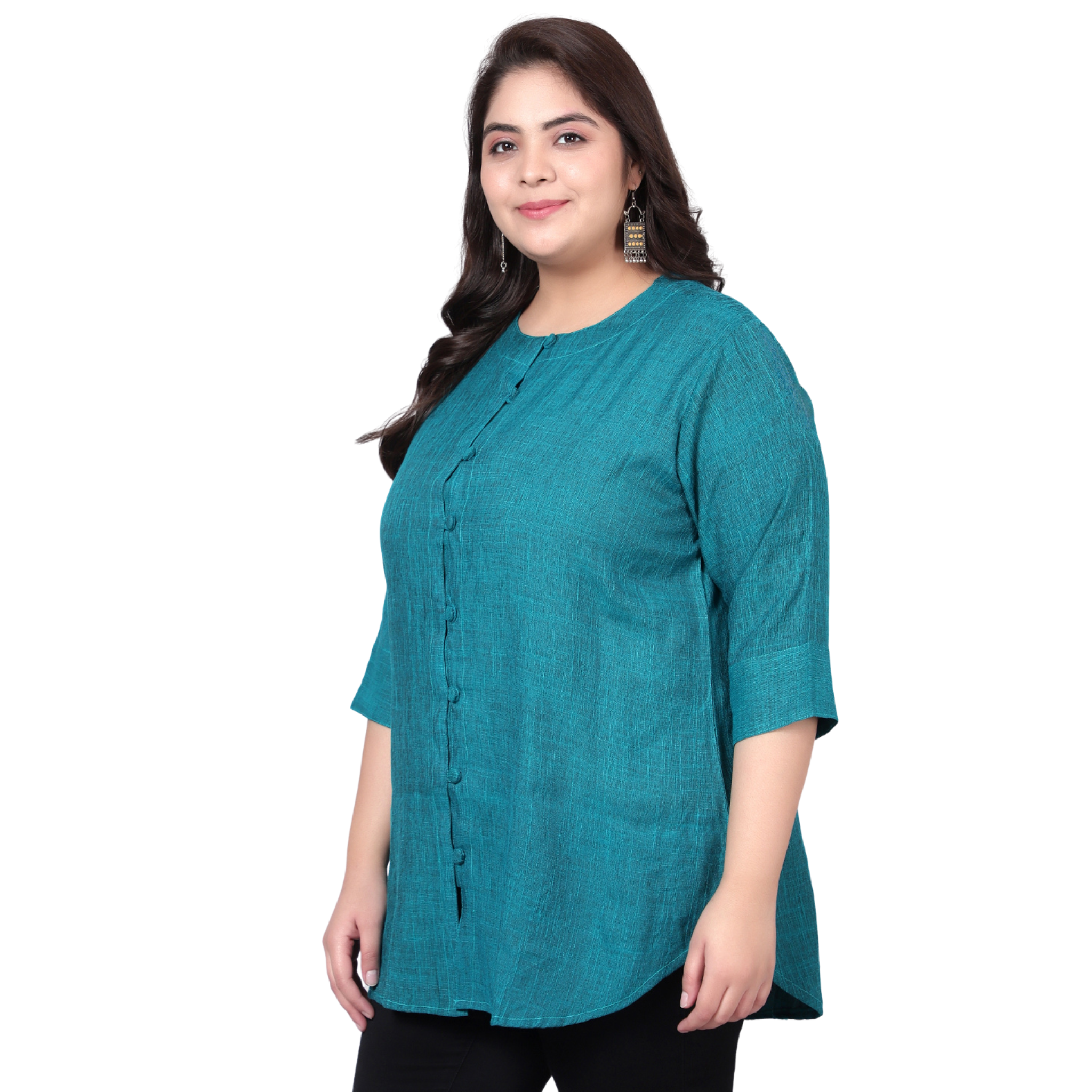 Turquoise Cotton Linen Plus Size Tunic