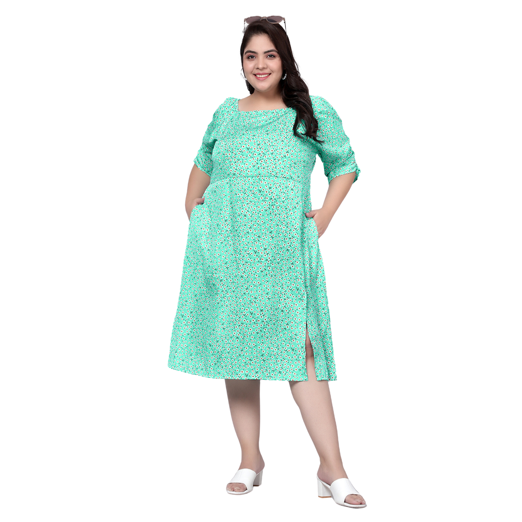 Green Floral Print Plus Size Slit Dress