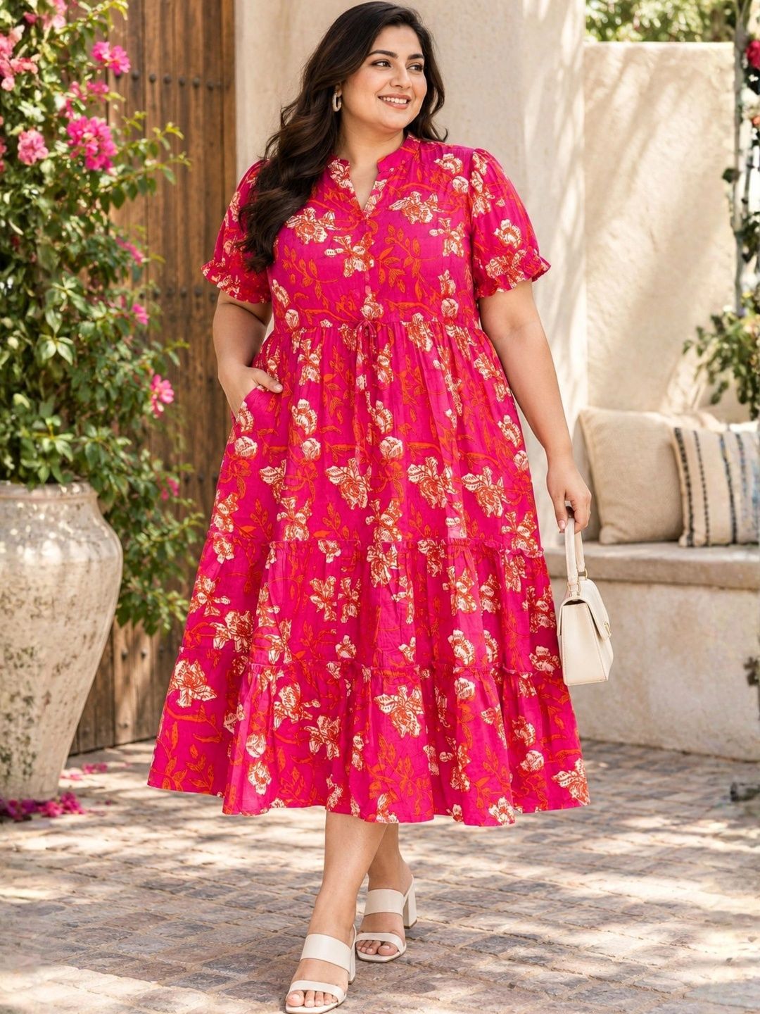 Orange Floral Tiered Plus Size Dress — view 5