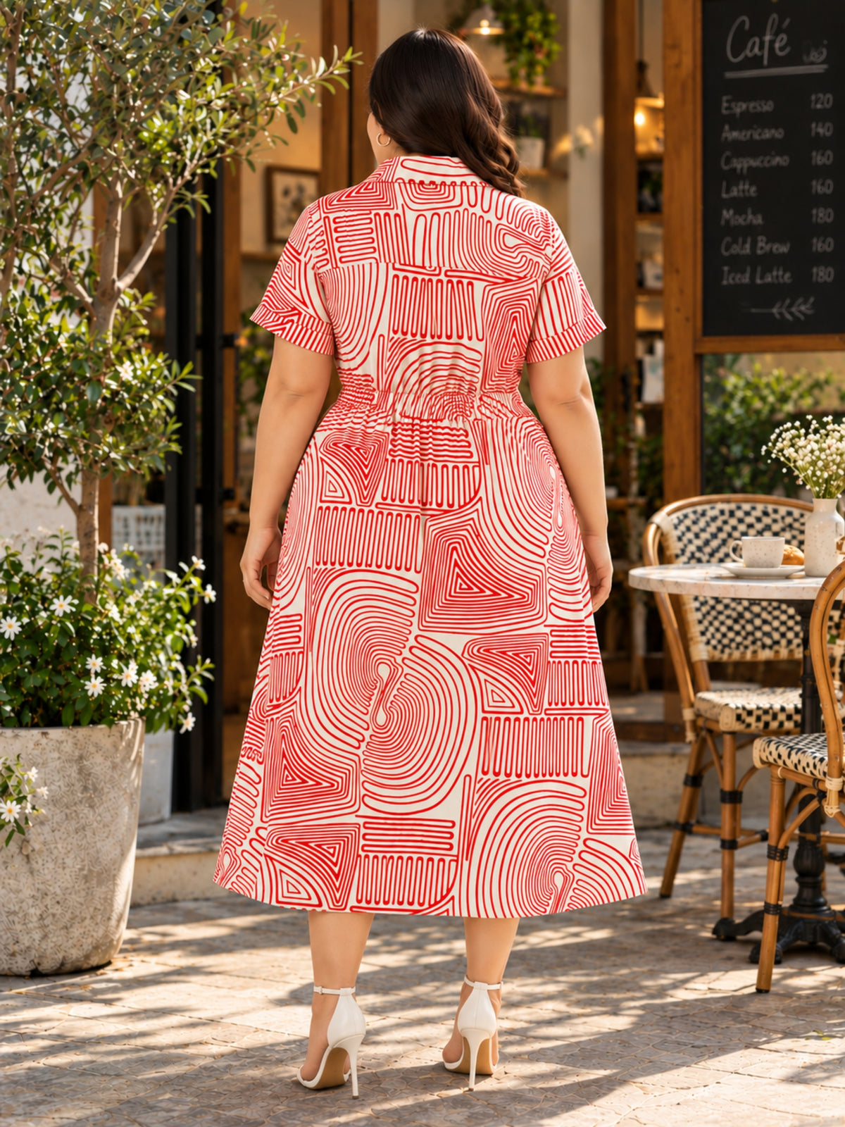 Red Abstract Print Midi Dress