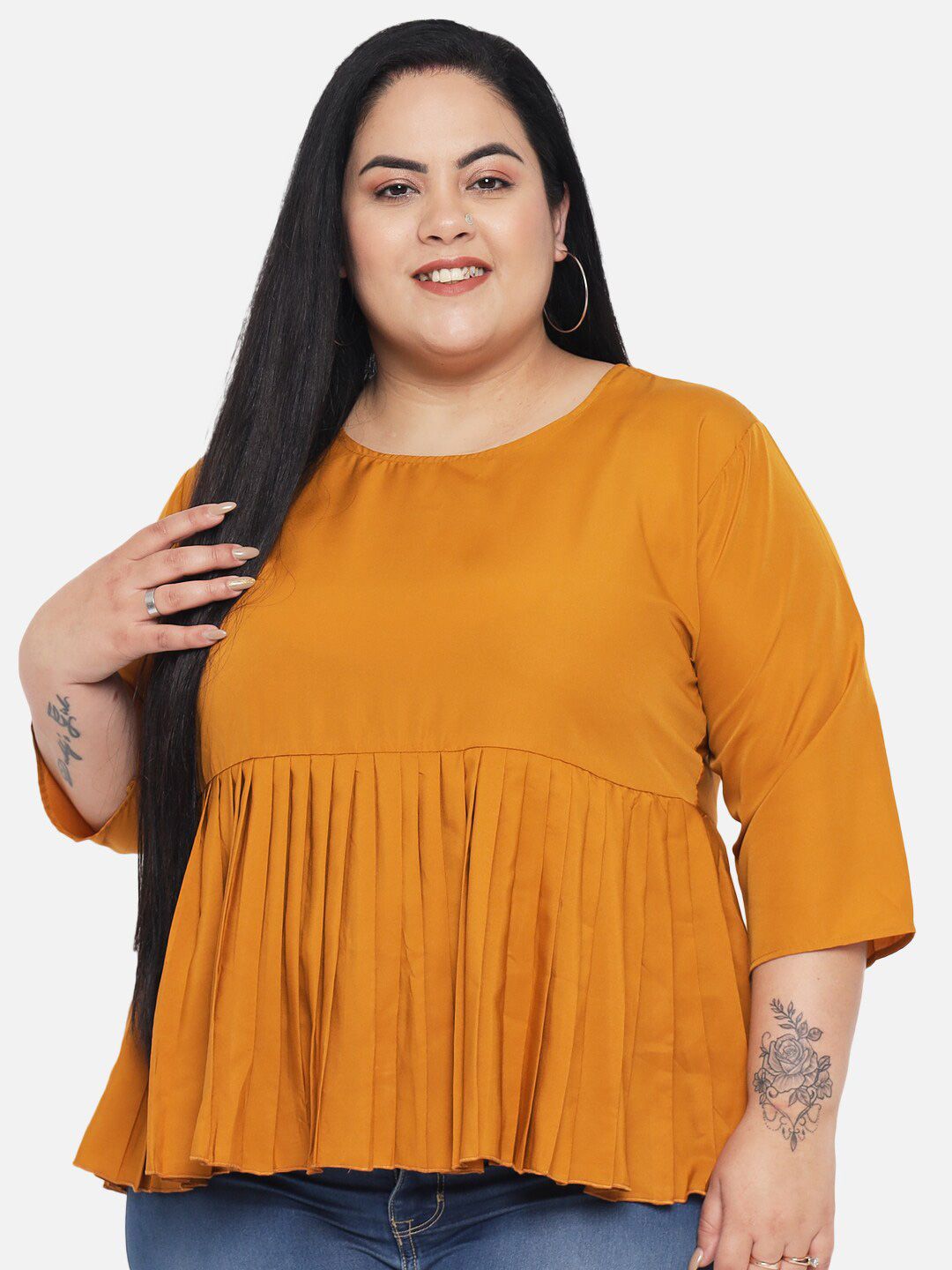 Mustard Solid Waist Pleated Top — view 1