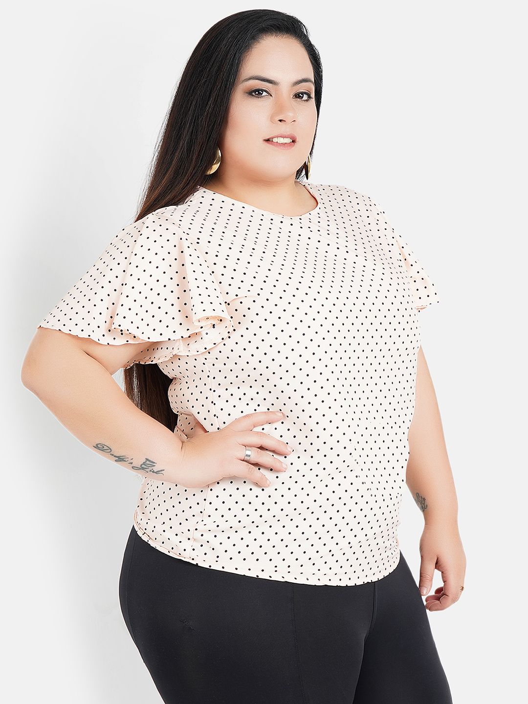 Peach Polka Dot Flutter Sleeve Top — view 4