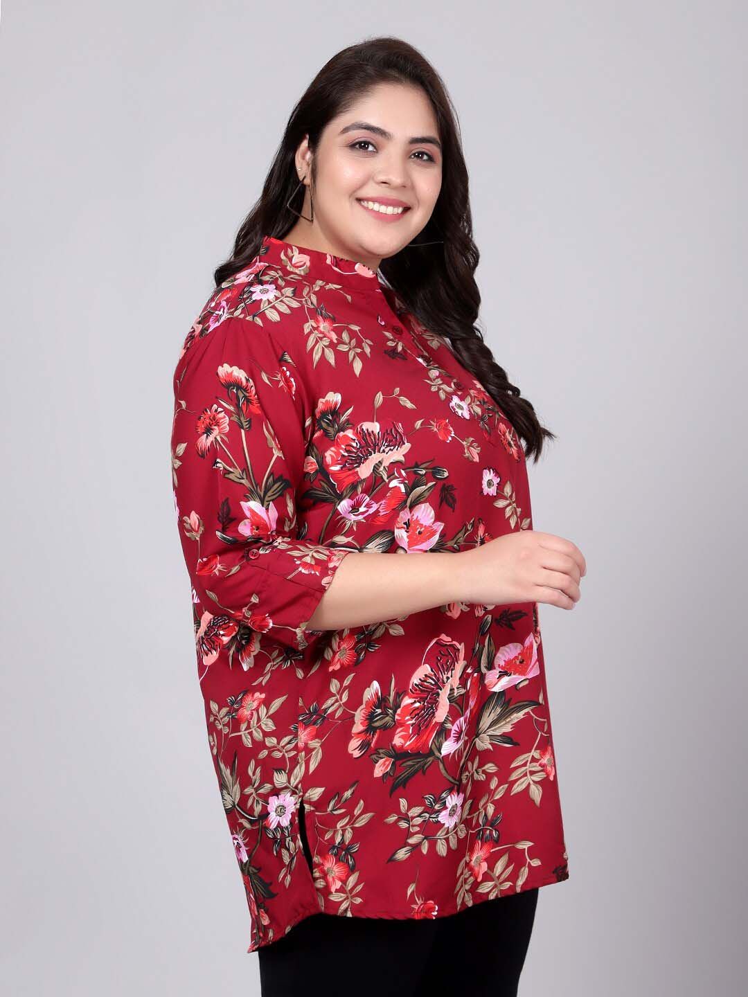 Maroon Floral Print Plus Size Tunic — view 3