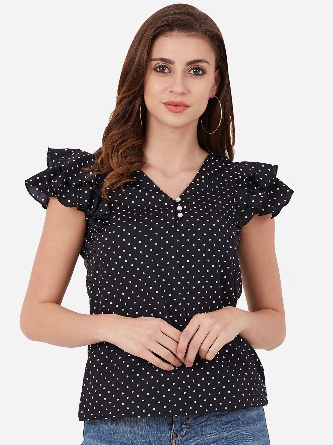 Black Polka Dot Buttoned Ruffle Top — view 6