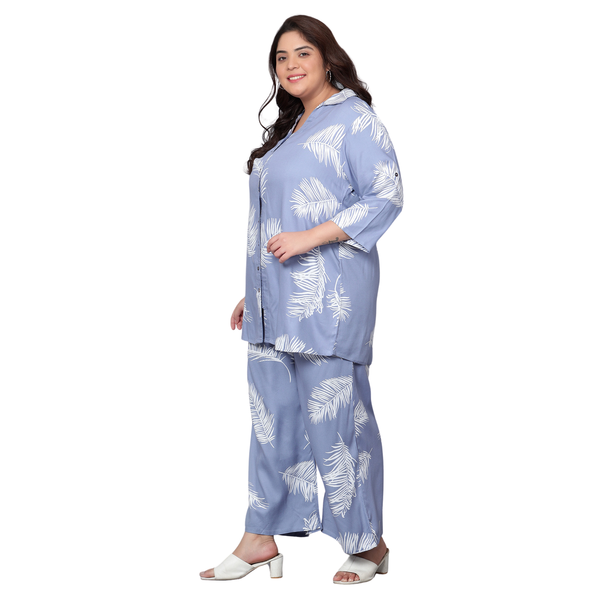 Blue Leaf Print Plus Size Co-Ord Set