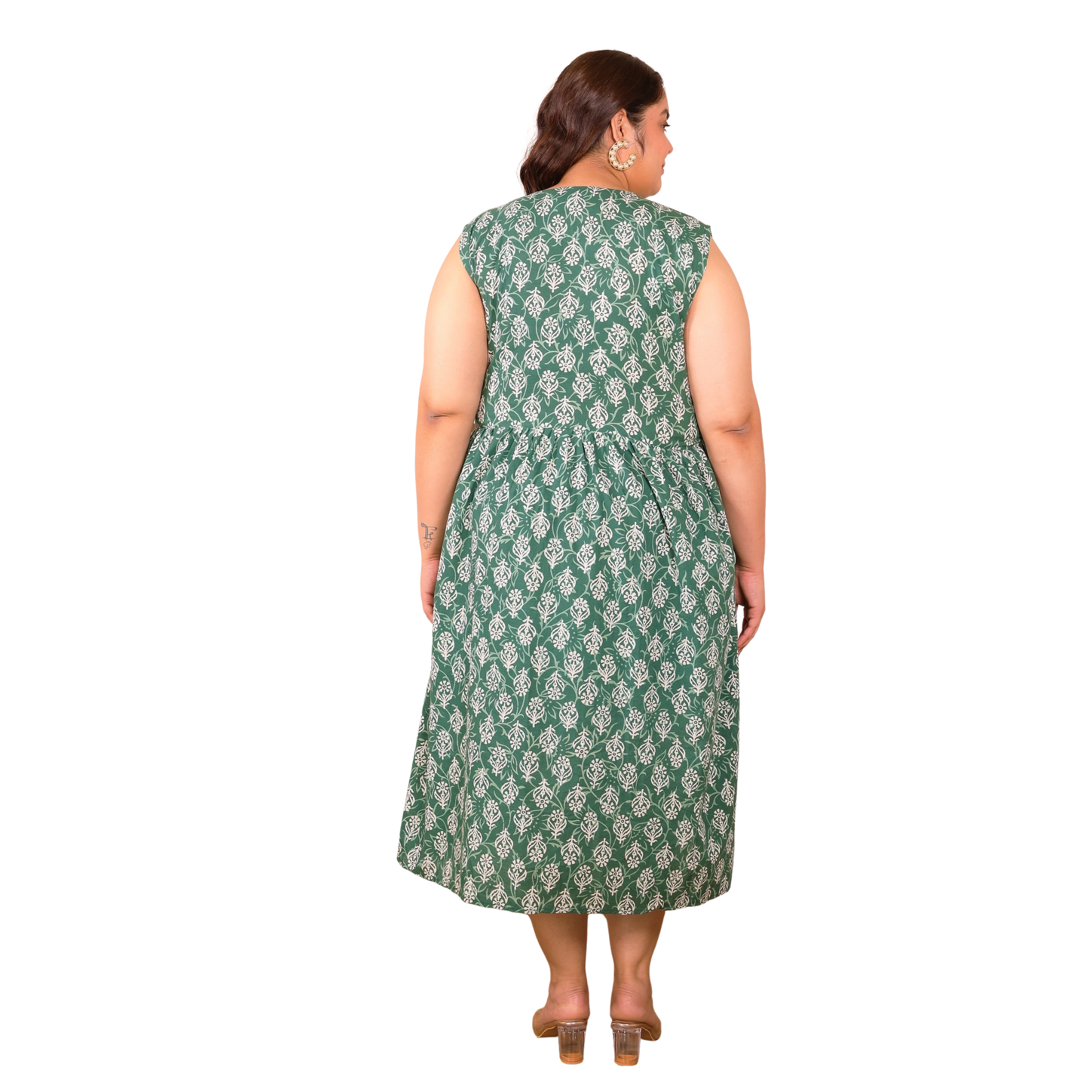 Green Geometric Print Cotton Plus Size Dress