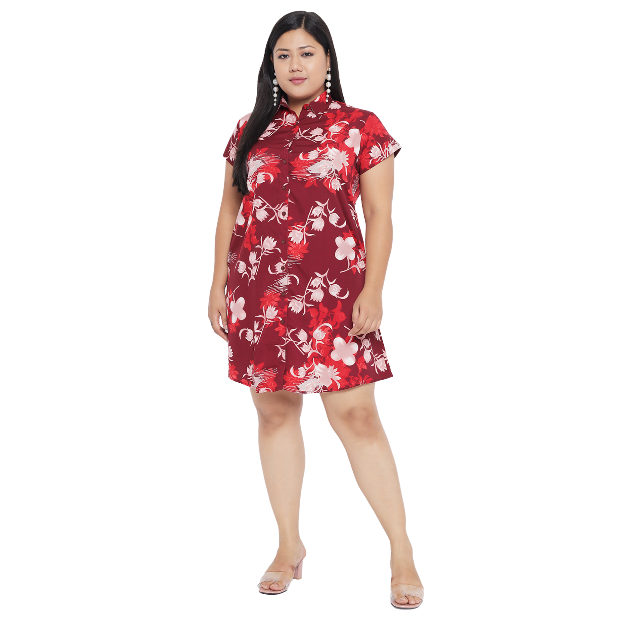 Maroon Floral Plus Size Shirt Dress