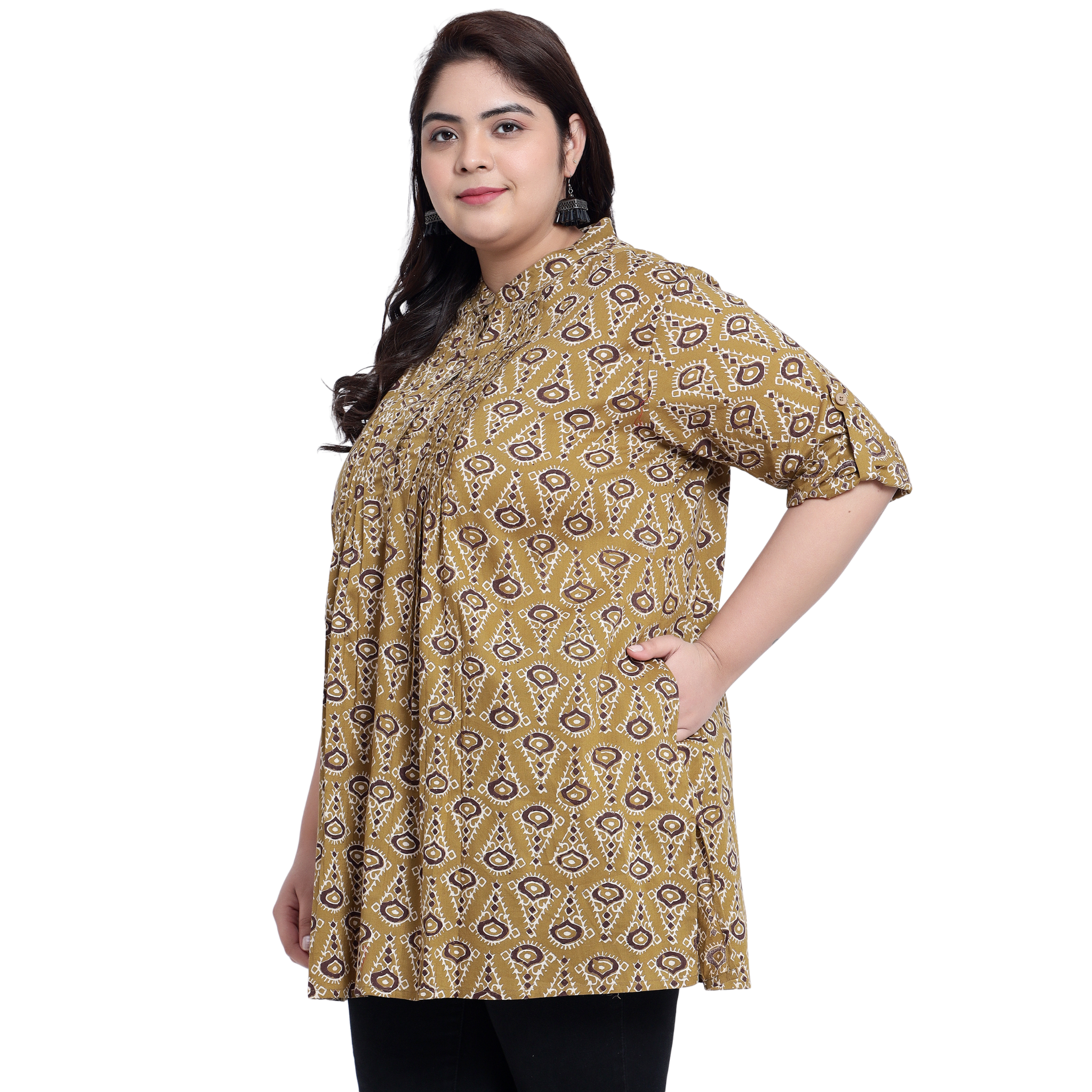 Mustard Geometric Print Pleat Plus Size Tunic