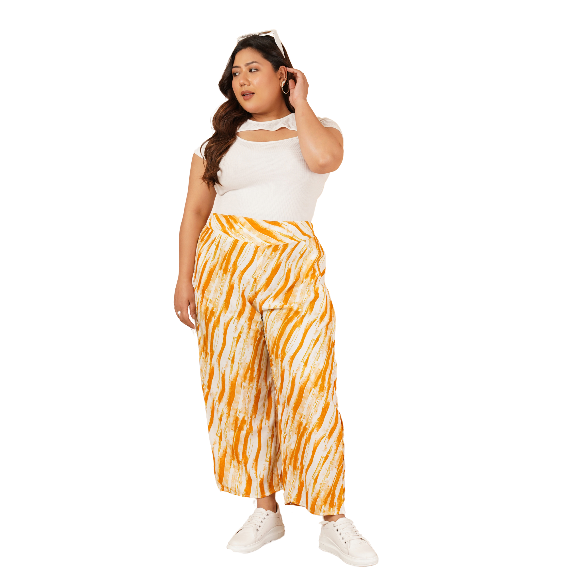 Yellow Leheriya Print Plus Size Trousers