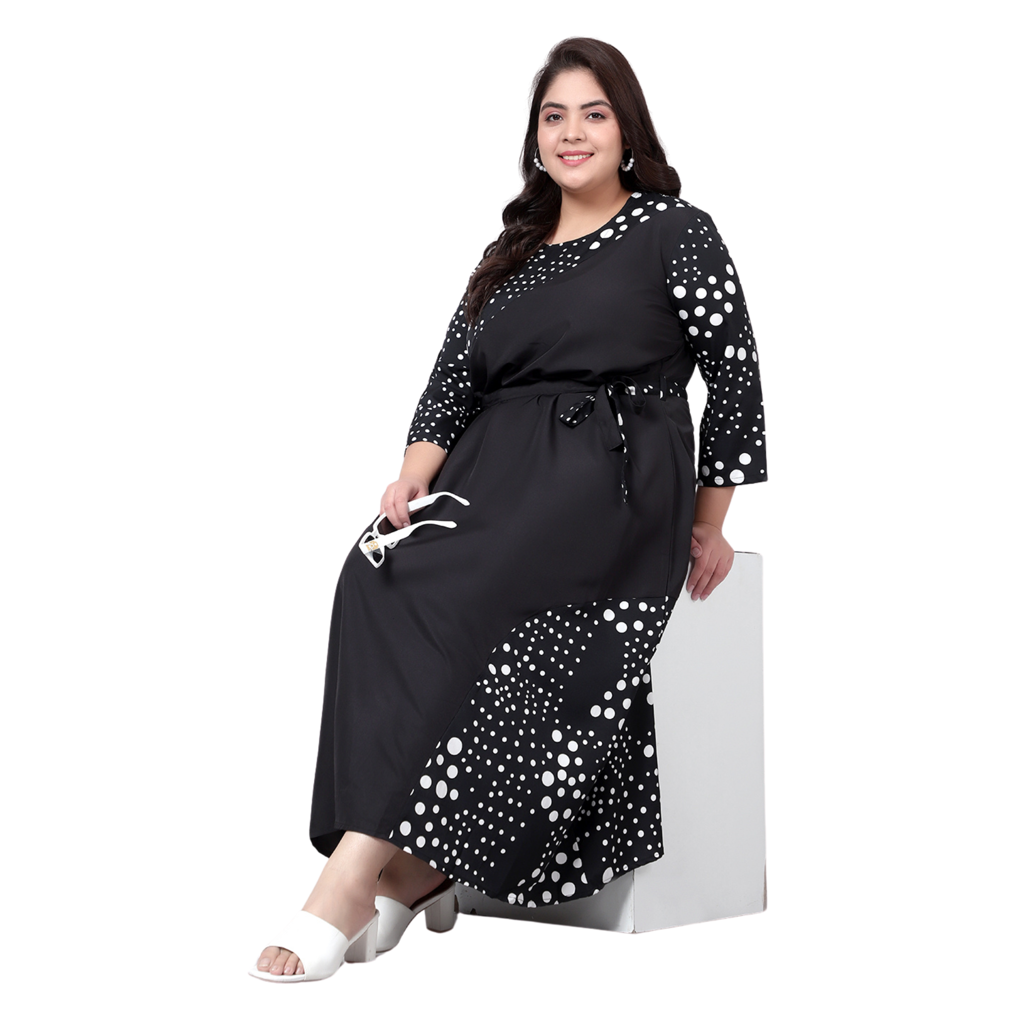 Black & White Polka Dot Print Plus Size Dress