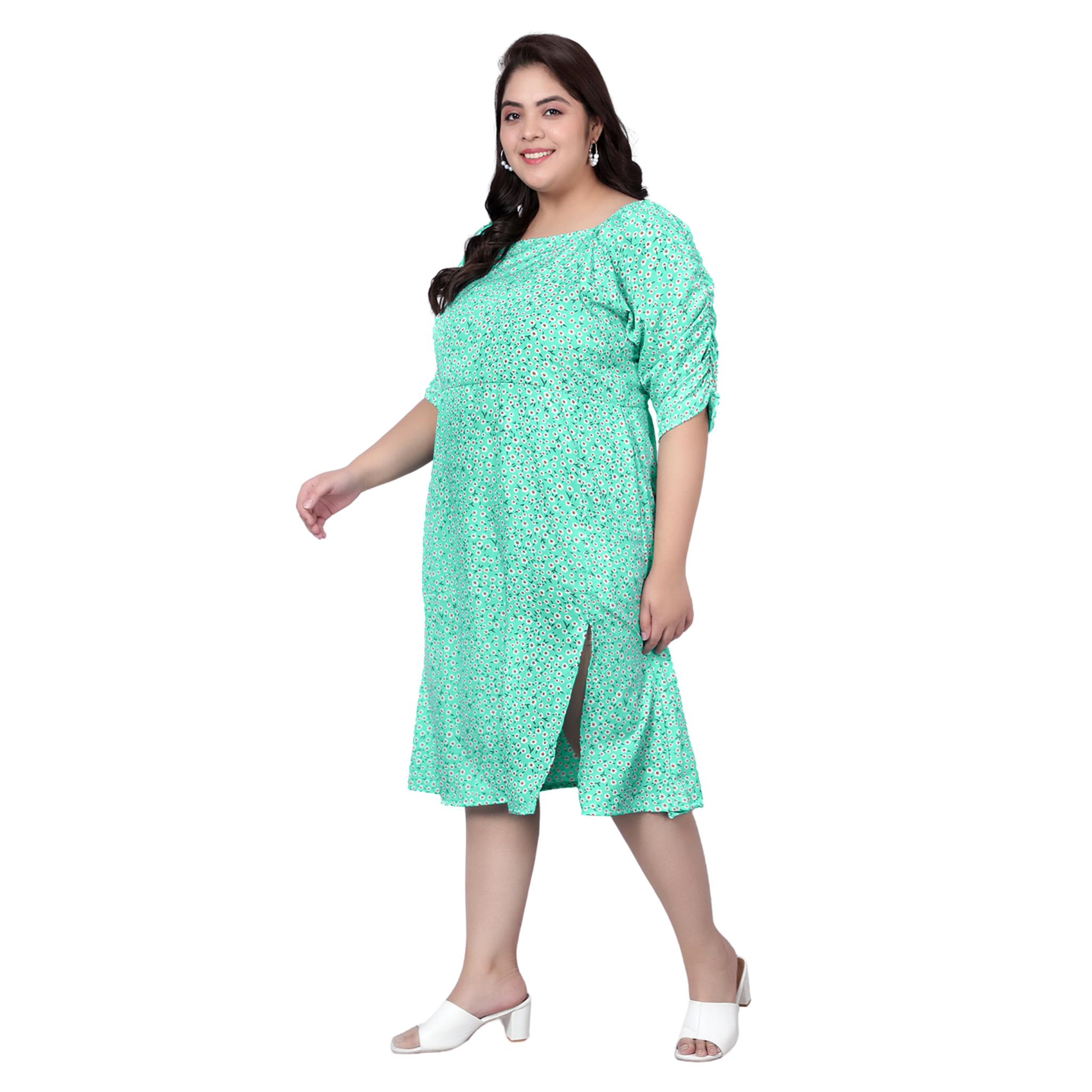 Green Floral Print Plus Size Slit Dress